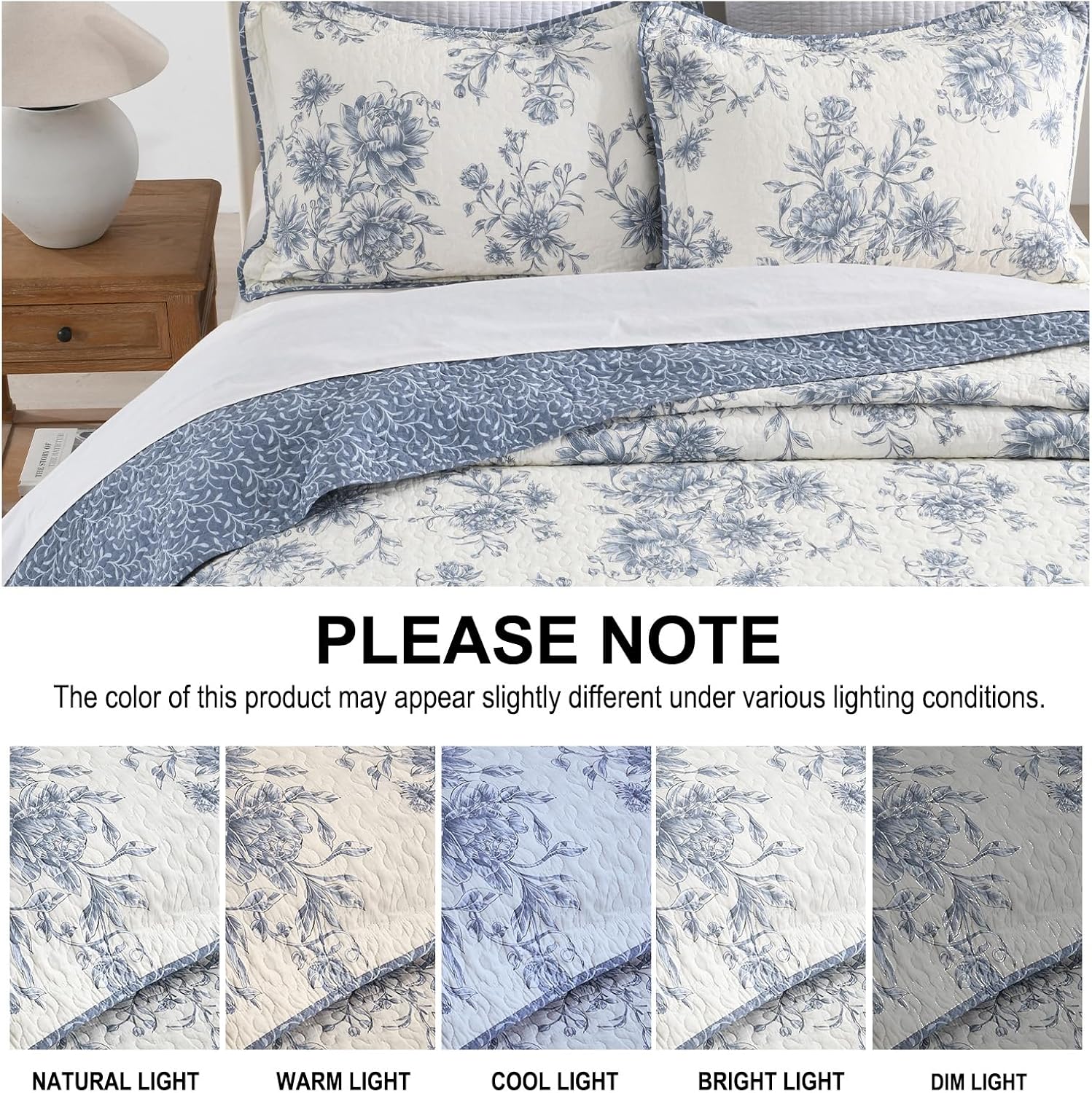 Oversized King Bedspreads 120"x120", 100% Cotton Floral California King Quilt Extra Large Coverlet, Lightweight Farmhouse Quilted Bedding Set 3 Piece, Blue/Cream White - Image 7