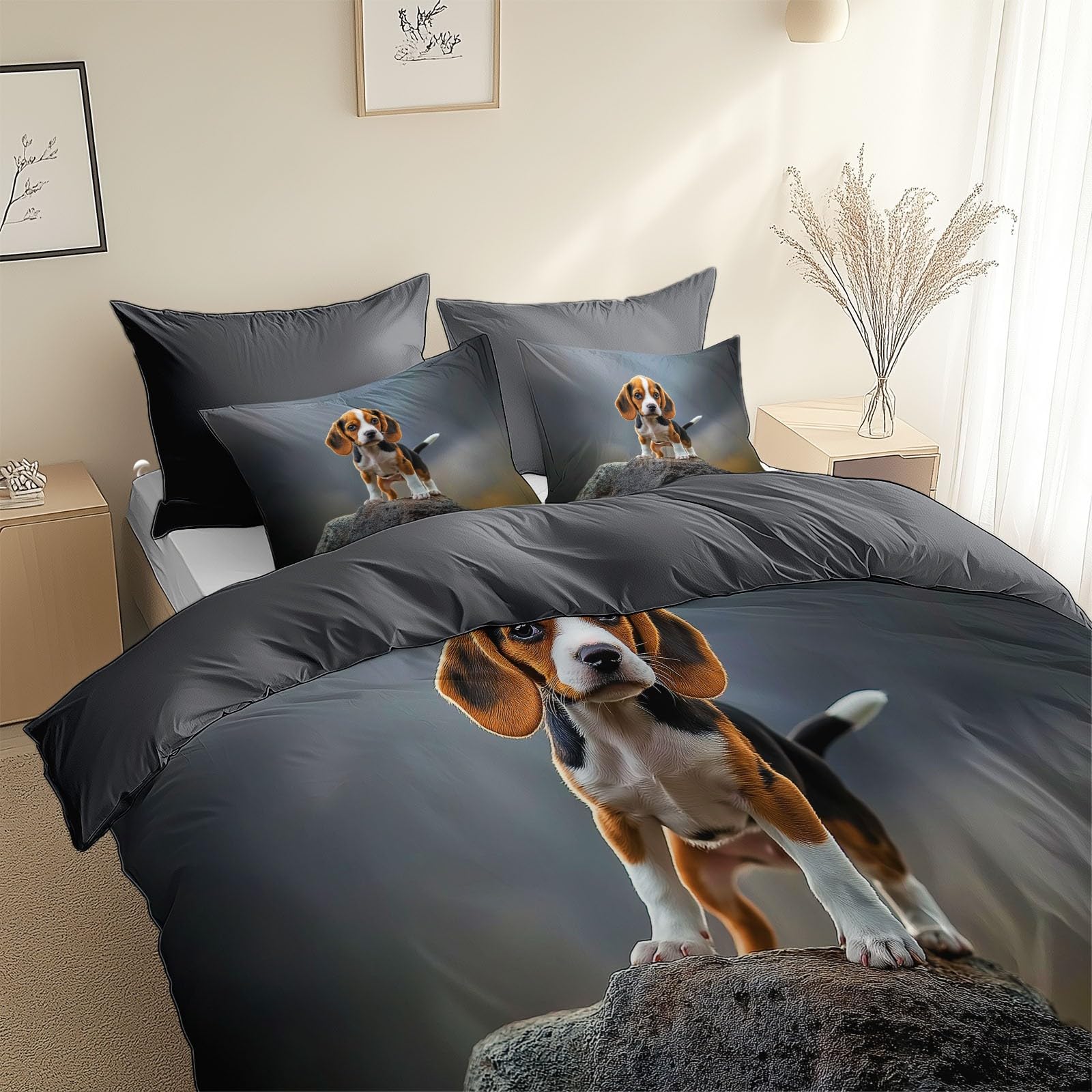 Générique Komplet pościeli dziecięcej 160 x 200 cm Beagle Fotografia Zwierząt Poszwa na kołdrę Miękka i oddychająca mikrofibra, ciemnoszara pościel 1 osoba Zamek błyskawiczny Poszewki na poduszki