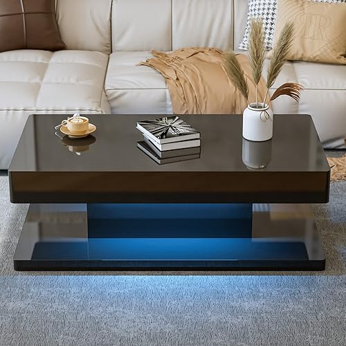 Miniatura 43 de Mesa de centro LED moderna, mesa de centro blanca de alto brillo con luces LED de 16 colores, mesa de centro rectangular contemporánea para sala de