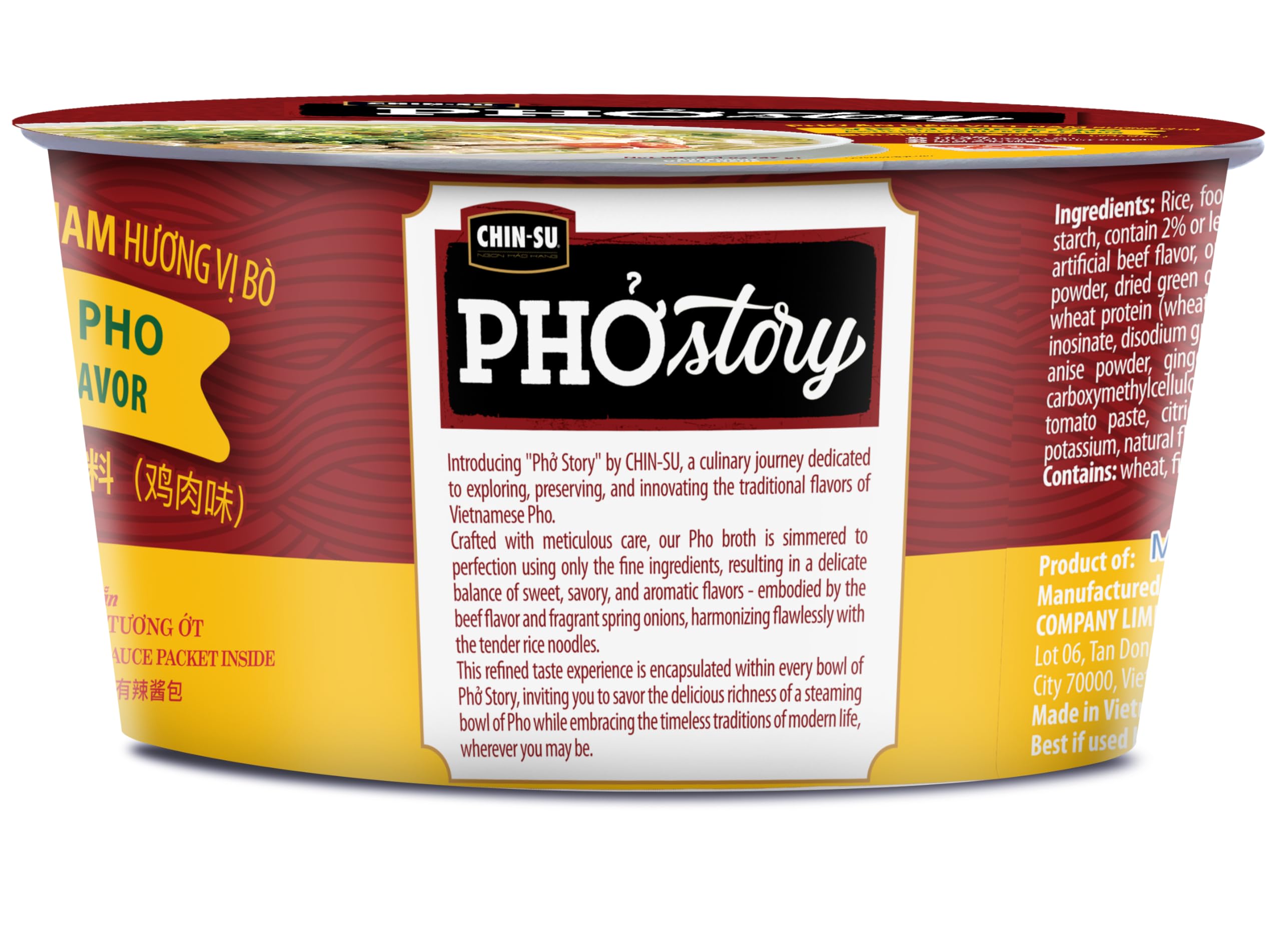 CHIN-SU Vietnamese Pho Noodle Bowl, Chicken Flavor, 2.4 oz, Instant Soup with Rice Noodles
