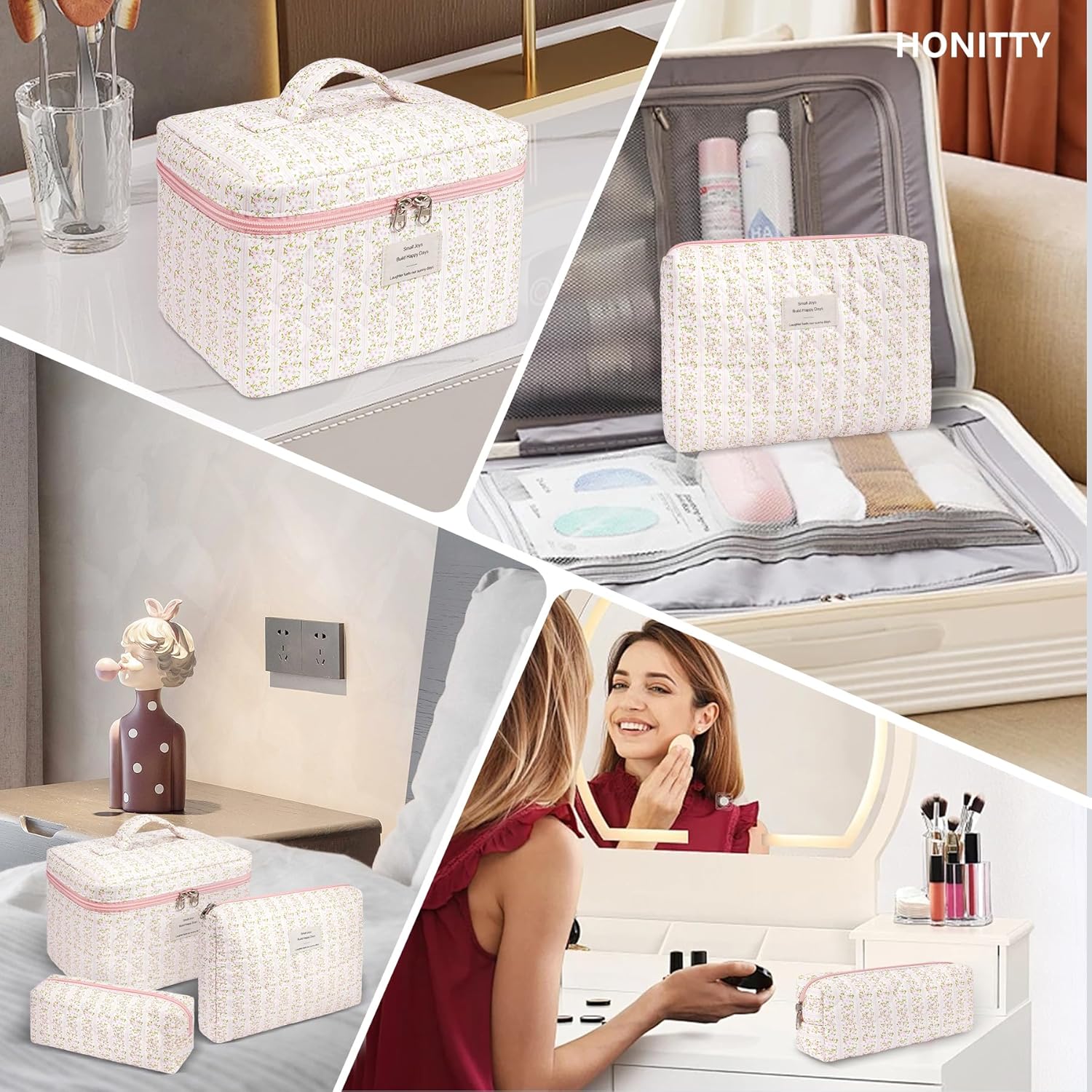 Makeup Bag,Quilted Cosmetic Bags,Large Floral Make Up Organize bag,Makeup Bag Set for Women,Flower Travel Toiletry Bag - Image 6