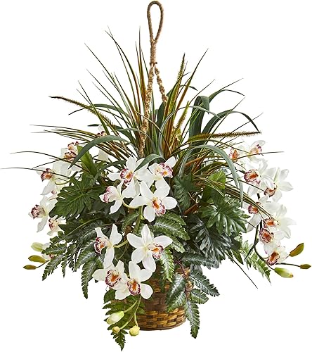 Nearly Natural Cymbidium Orchid and Mixed Greens - Cesta colgante de plantas artificiales de 29 pulgadas
