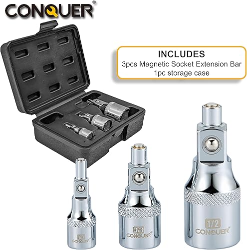 Miniatura 7 de CONQUER Barras de extensión magnéticas sin caída - Juego de accionamiento de acero CR-V de 14 ", 38", 12" para espacios reducidos y reparaciones de