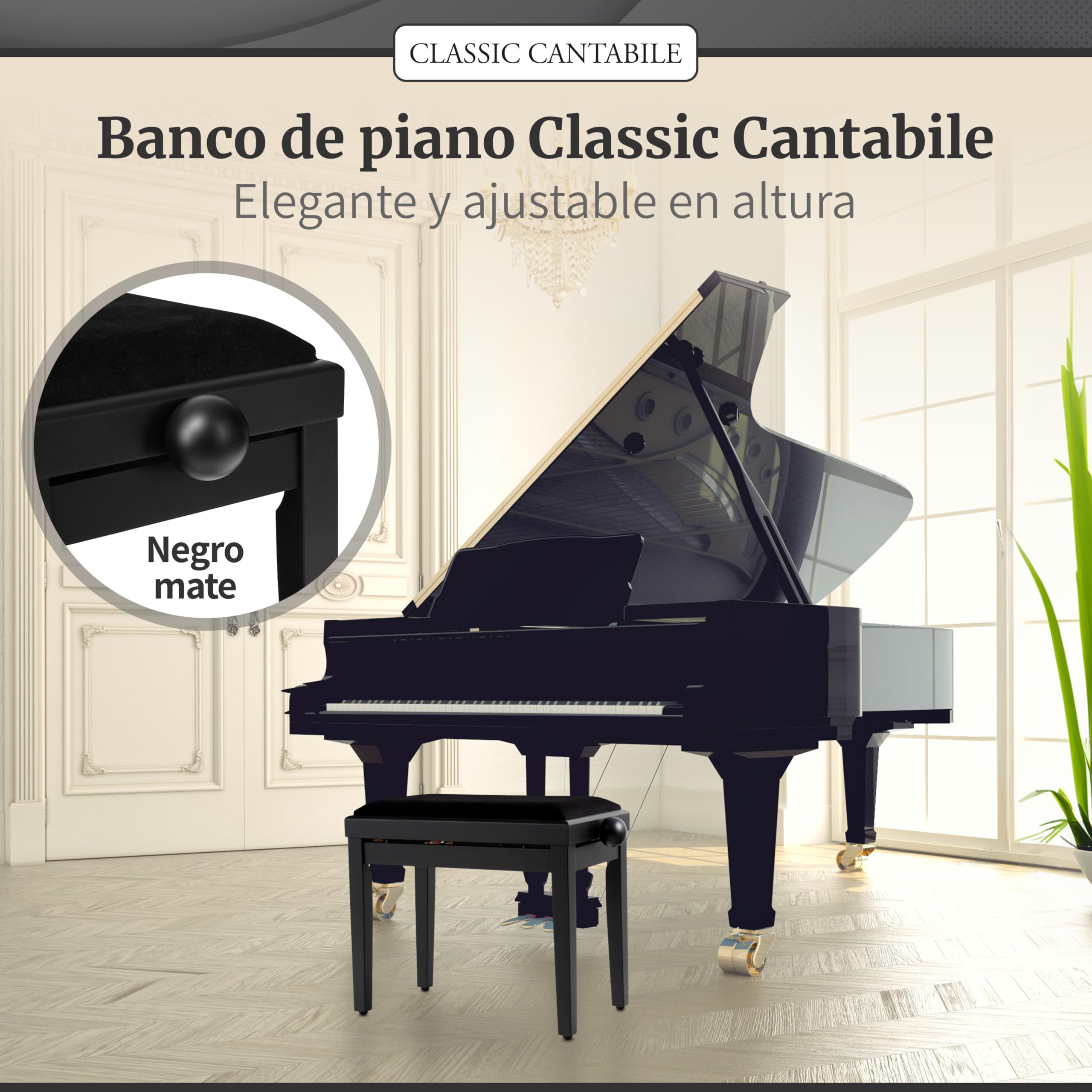 Classic Cantabile Banqueta para Piano Negro Mate - Altura Regulable de 47-56cm - Banco con Mecanismo de husillo - Asiento de Taburete 55 x 32cm - Silla con Funda de Terciopelo, Estable