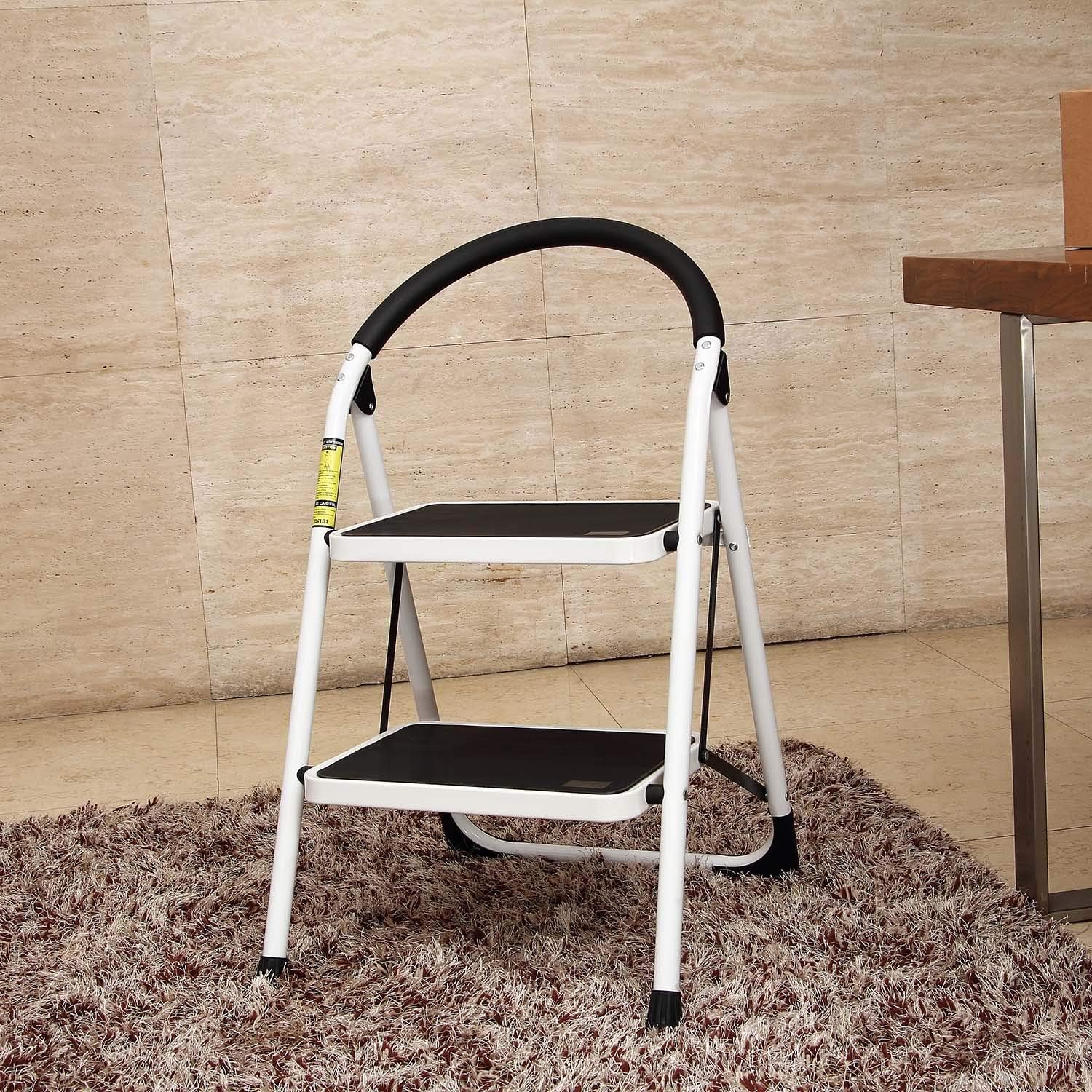 Ollieroo Step Stool Steel Support Ladder with Cushion Grip Handle, Non Skid Rubber Platform One Step 330-Pound Capacity (White)