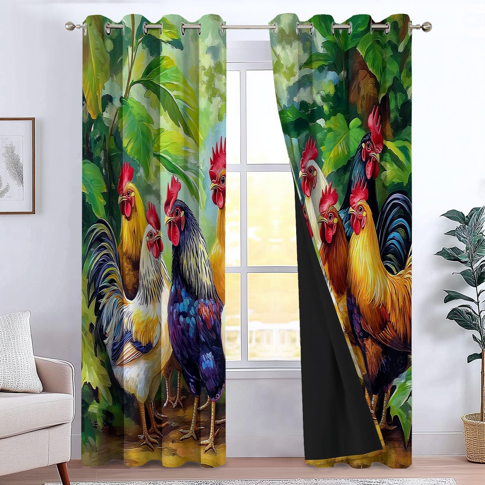 Tende Oscuranti per Interni 2 Pezzi 140x140 cm (LxA), Dipinto Olio Animali Pollo Foglie Tenda Coprente per Soggiorno, Termiche Isolanti Verde Tendaggi per Interno Finestra per Salotto Cucina