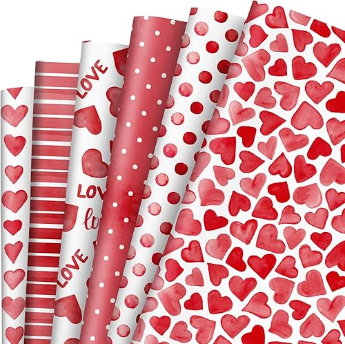 Whaline 12 hojas de papel de regalo para el día de San Valentín, 6 diseños de acuarela, papel de regalo de corazón y puntos de amor, papel de arte
