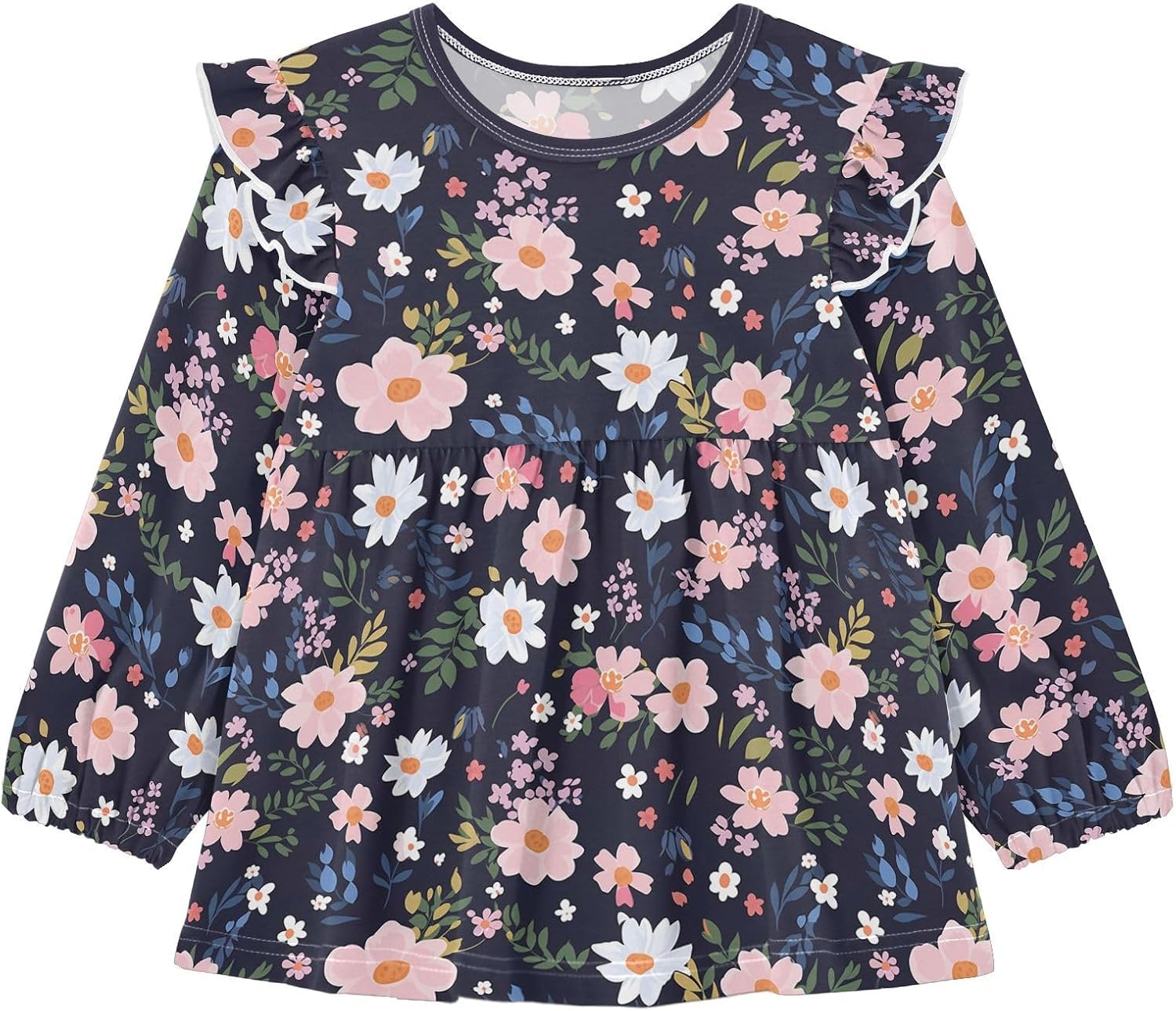 visesunny Toddler Clothes for Girls Dark Wildflower Pattern Long Sleeve Fall Shirts Cotton Top with Ruffle Collar