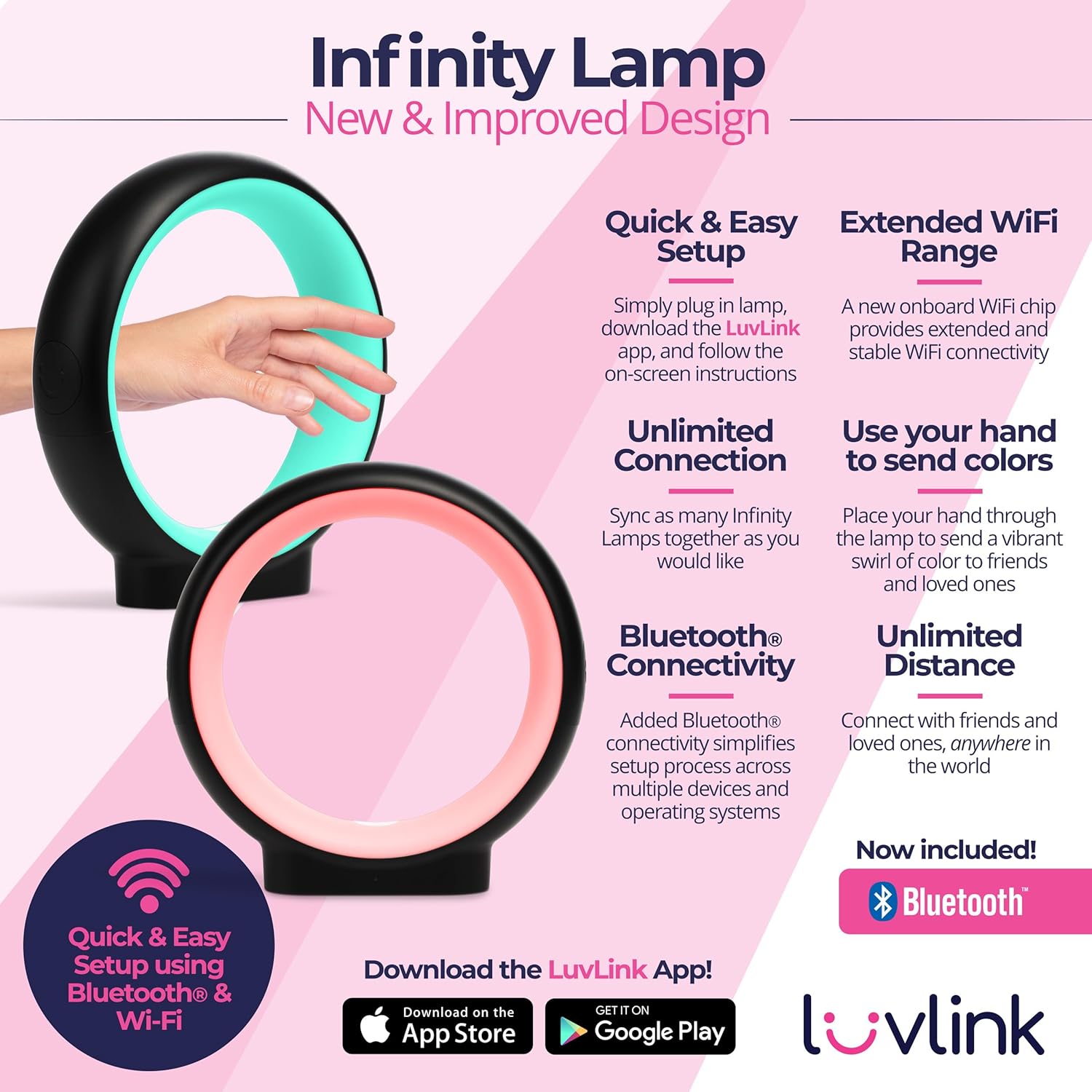 LuvLink Infinity Lamp v2 Award Winning Friendship Lamp - Simple Bluetooth Setup (Single, Black)