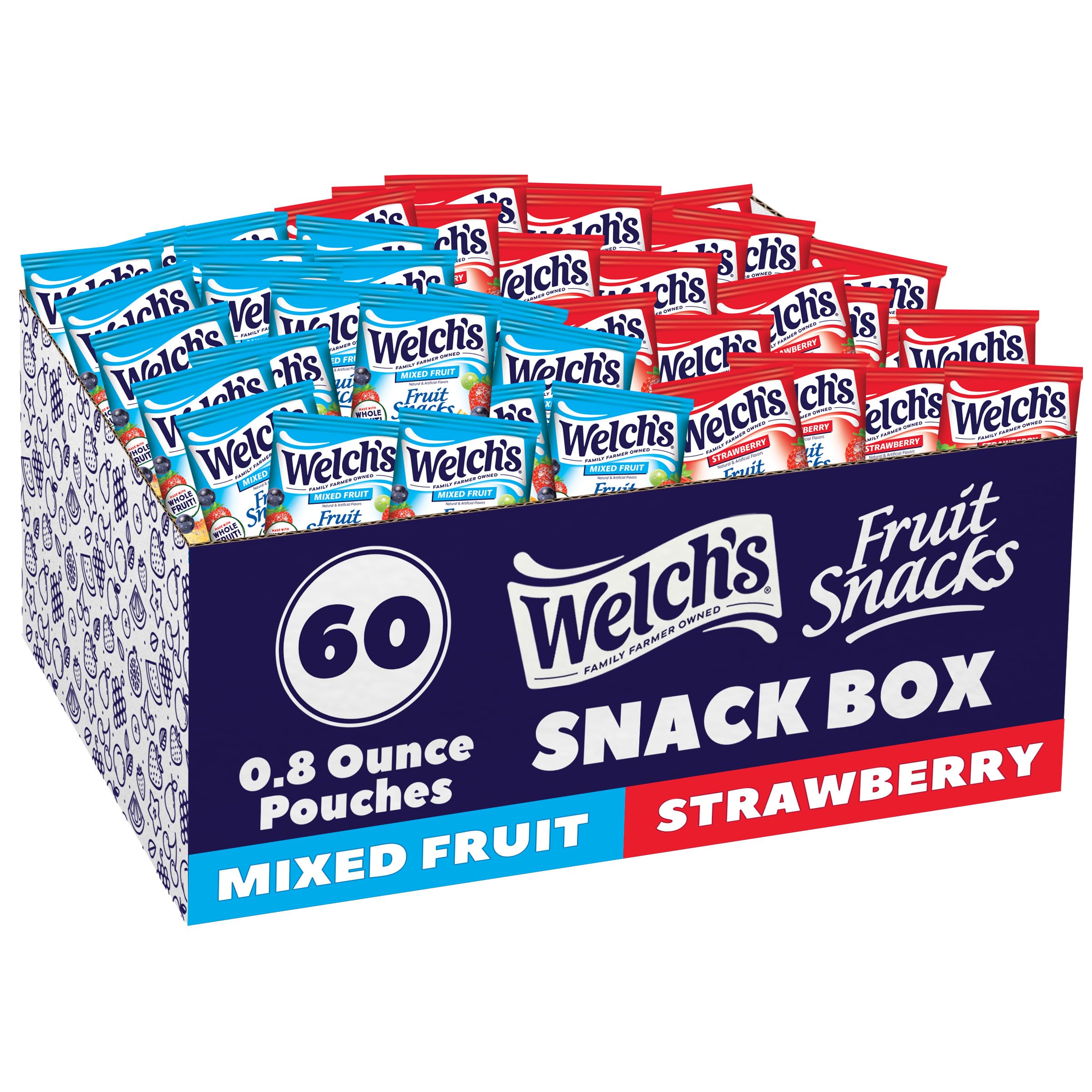 Welch's Fruit Snacks, Mixed Fruit & Strawberry Snack Box, Gluten Free, 0.8oz Snack Packs (Pack of 60)