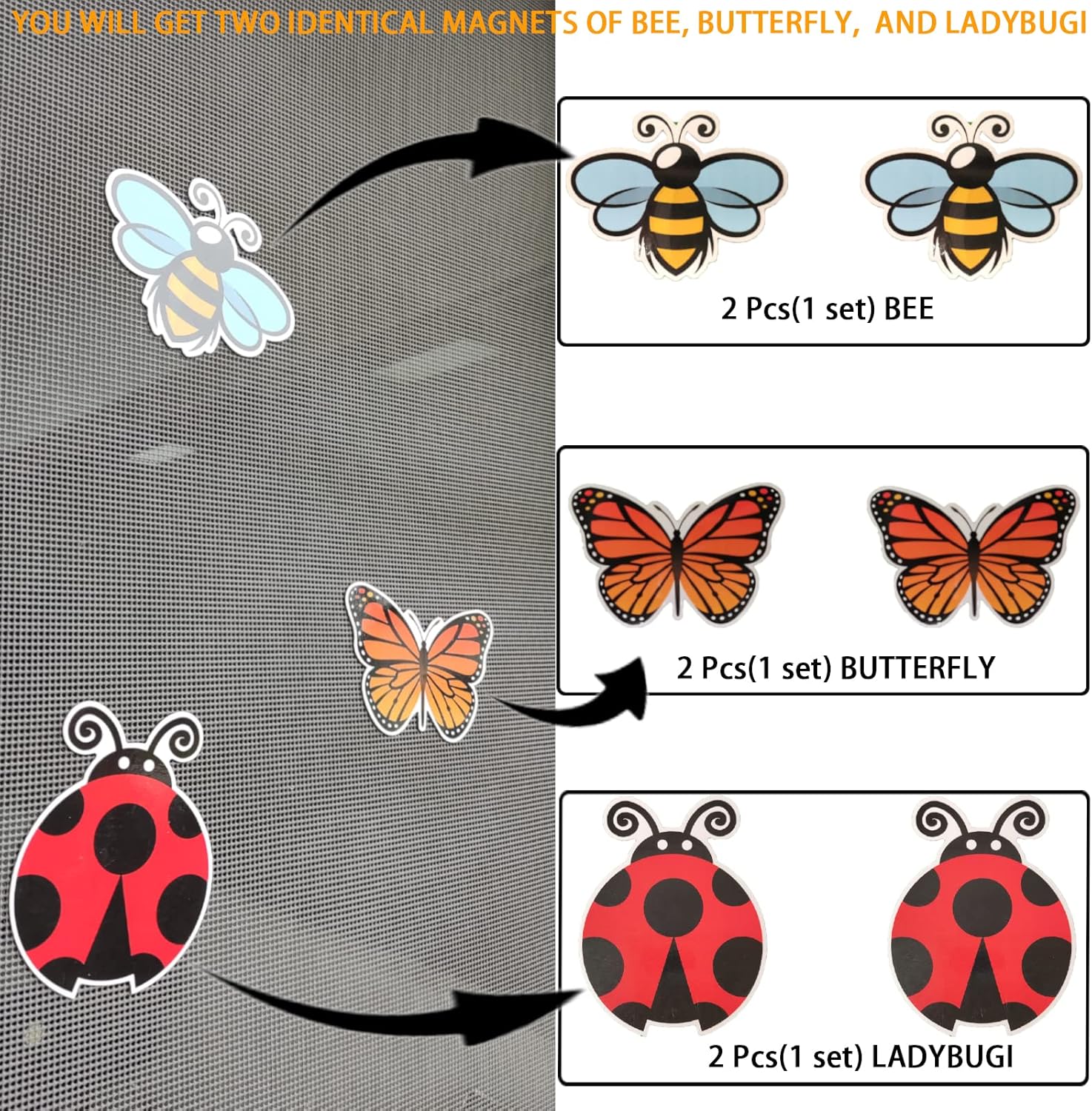 Flexible Screen Door Magnets,Screen Door Protector Patch,Butterflies Bees Ladybugs 6Pcs (3 Sets)- for Keeping People and Pets Safe, and Cover Up Small Holes in Screens.