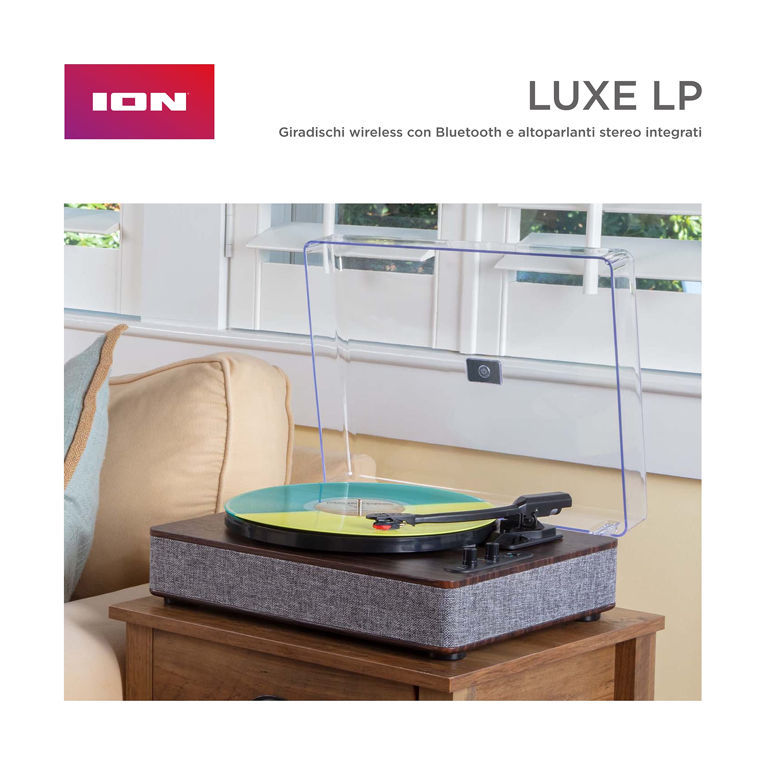 ION Audio Luxe LP - Giradischi Vinili Bluetooth con Casse, Conversione USB, Piatto Full Size, Funzione Auto-Stop, Uscita Cuffie e 3 Velocità, Marrone | Conversione USB, piatto di dimensioni intere, arresto automatico, uscita cuffie, 3 velocità