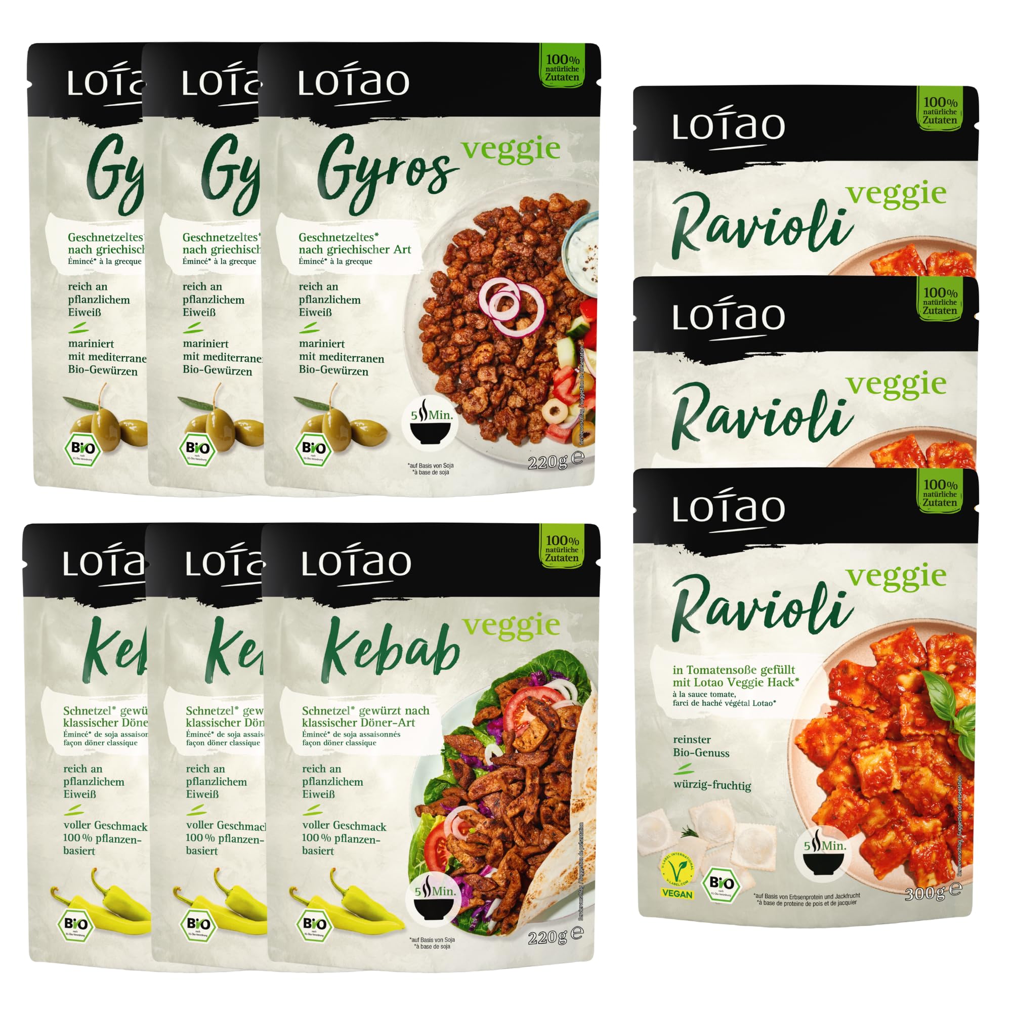 Lotao Veggie Mix Bundle 9x | Bio & Vegan | Ravioli, Gyros & Kebab | Pflanzliche Fleischalternativen & Fertiggericht | Proteinreich, schnell zubereitet & vielseitig