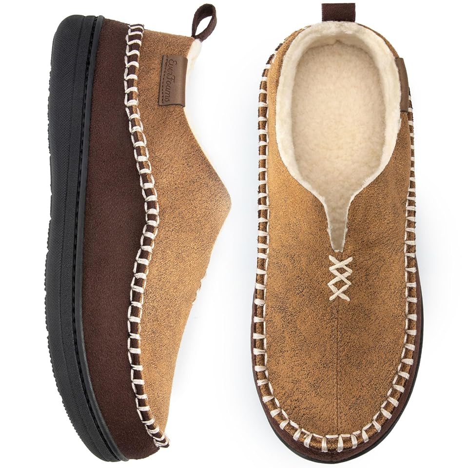 EverFoams Men's Moccasin Slippers Suede House Shoes (Tan, Size 13 M US)