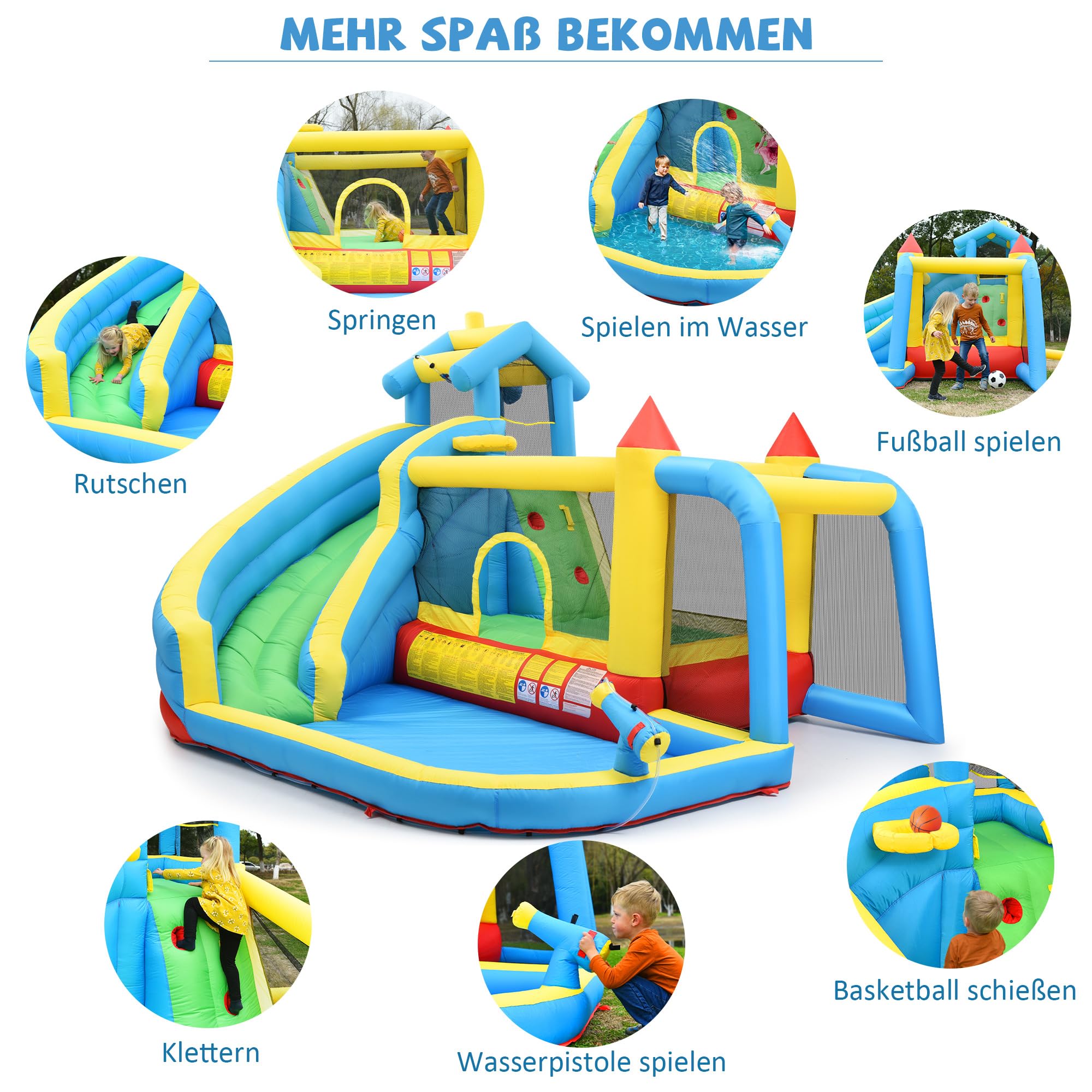 Bouncy Castle para niños 5 en 1 con ventilador, parque acuático inflable con tobogán, plataforma de salto, piscina y red de fútbol, castillo hinchable al aire libre para jardín, tela Oxford