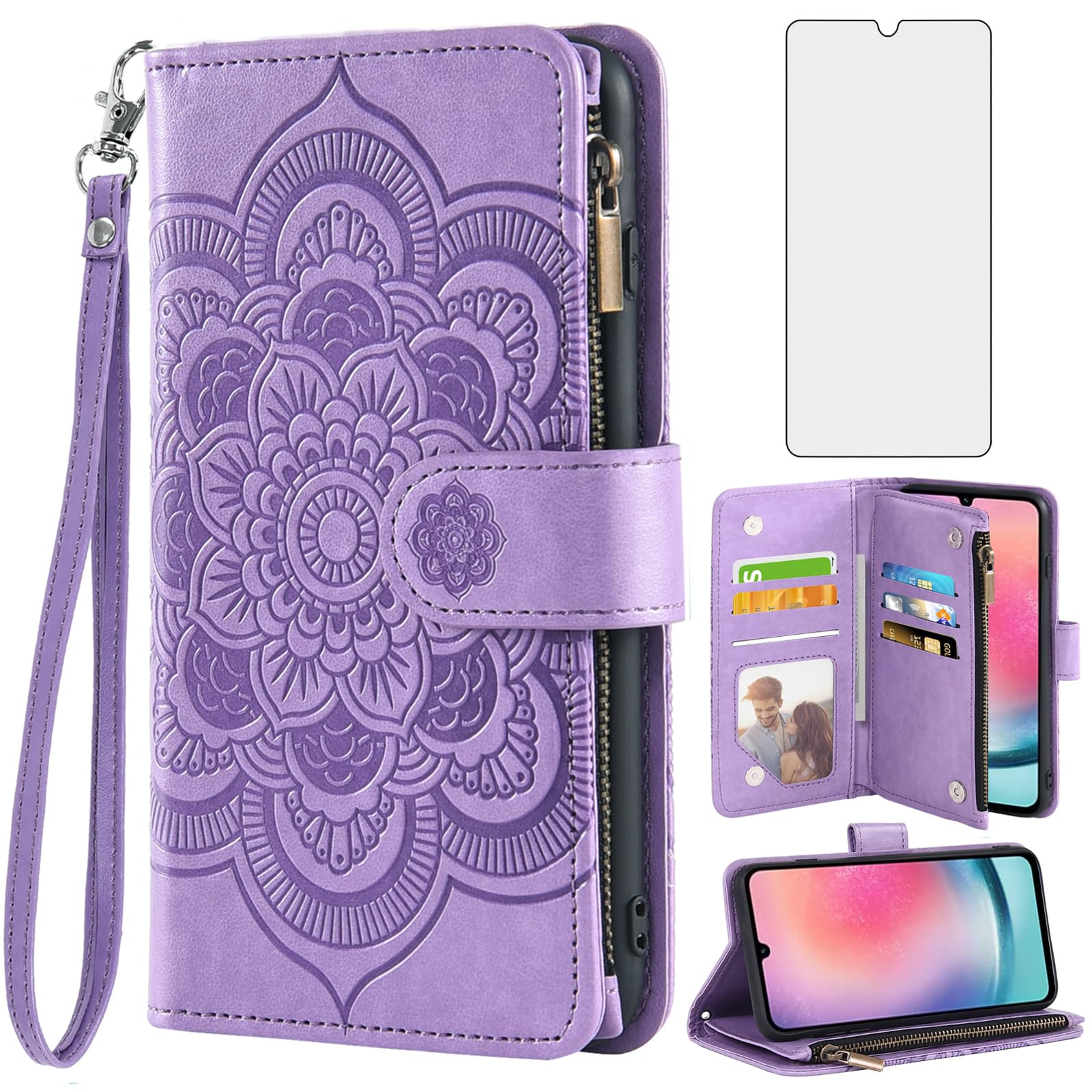 Asuwish Phone Case for Samsung Galaxy A24 4G/5G Wallet Cover with Tempered Glass Screen Protector and Flower Leather Flip Credit Card Holder Stand