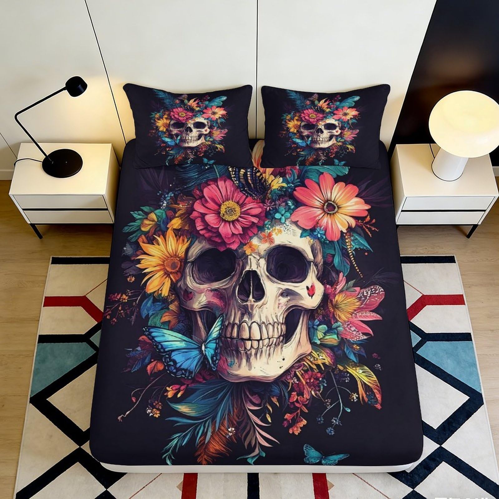 Pnayamiorkfel Style-2 3D Printed Skull Floral Fitted Sheet Microfiber Soft Colorful Butterfly Bed Cover For Bedroom Dorm Mattress Decor 90X200x25cm