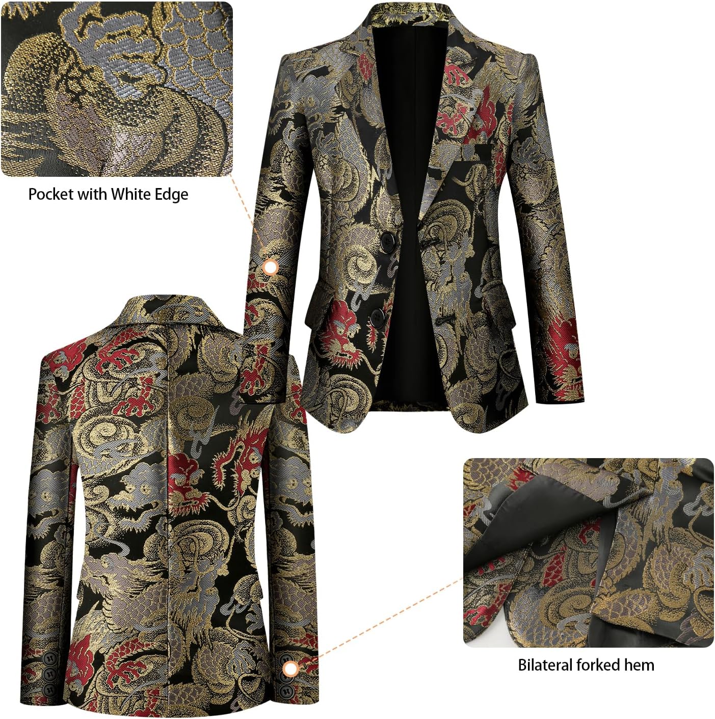 Boys Suit 4 Pieces Chinese Traditional Dragon Pattern Set Kids Jacquard Tuxedo with Fancy Blazer Pants Shirt Tie