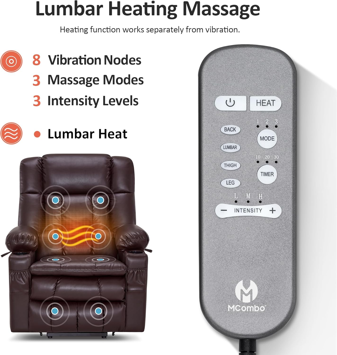 MCombo Dual Motor Power Lift Recliner Chair for Elderly, Lay Flat Lift Chair with Heat and Massage, Cup Holders, USB Ports, Faux Leather 7890 (Dark Brown, Medium)