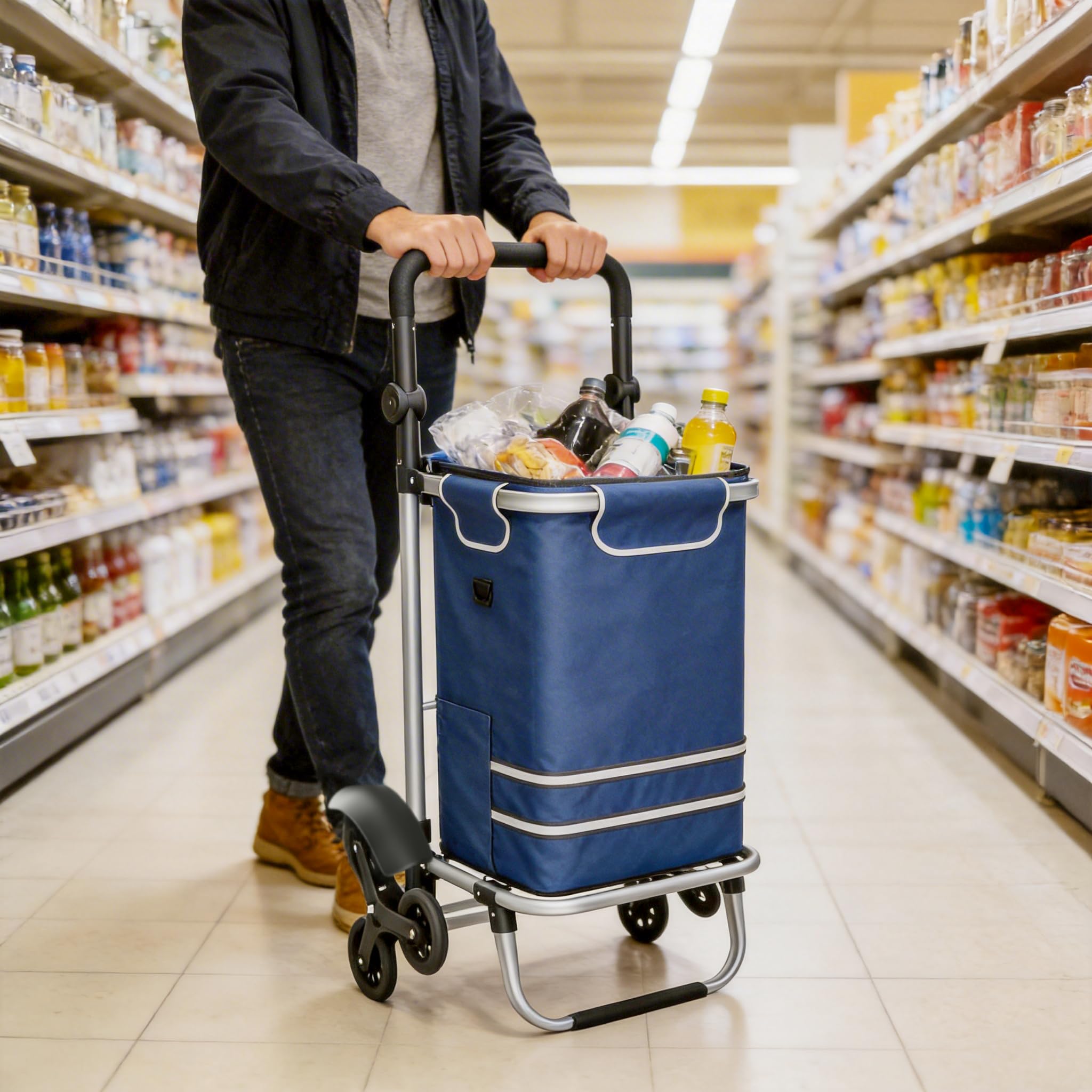 UISEBRT Wózek na zakupy 3 w 1, składany, o pojemności 56 l, wielofunkcyjny wózek na zakupy z kieszenią chłodzącą, torba na ramię i wózek transportowy w jednym, Hackenporsche Trolly, niebieski, 3