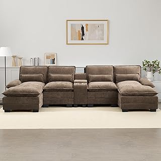 125" U Shaped Cloud Modular Sectional Couch for Living Room, Small Comfy Chenille Sofa with Double Chaise Lounge, Storage Central Console, Cup Holders, USB Port,Brown