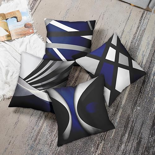 Miniatura 5 de Emvency Juego de 4 fundas de almohada modernas abstractas de color azul oscuro, rayas negras, grises, grises, blancas, acrílicas, llamativas,