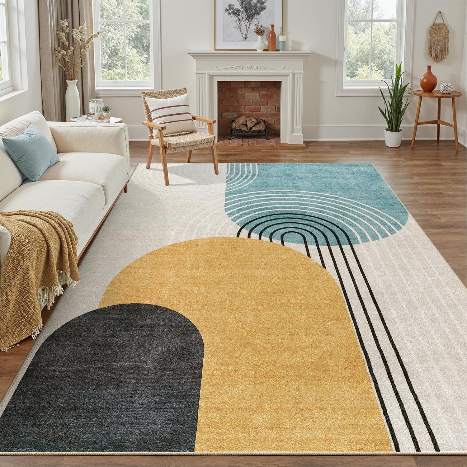 DCX Abstract Machine Washable 5x7 Rug, Mid Century Modern Rug for Living Room, Soft Low Pile Non Slip Carpet, Kid & Pet Friendly Stain Resistant Rug for Bedroom Dining Room Office, Blue & Yellow