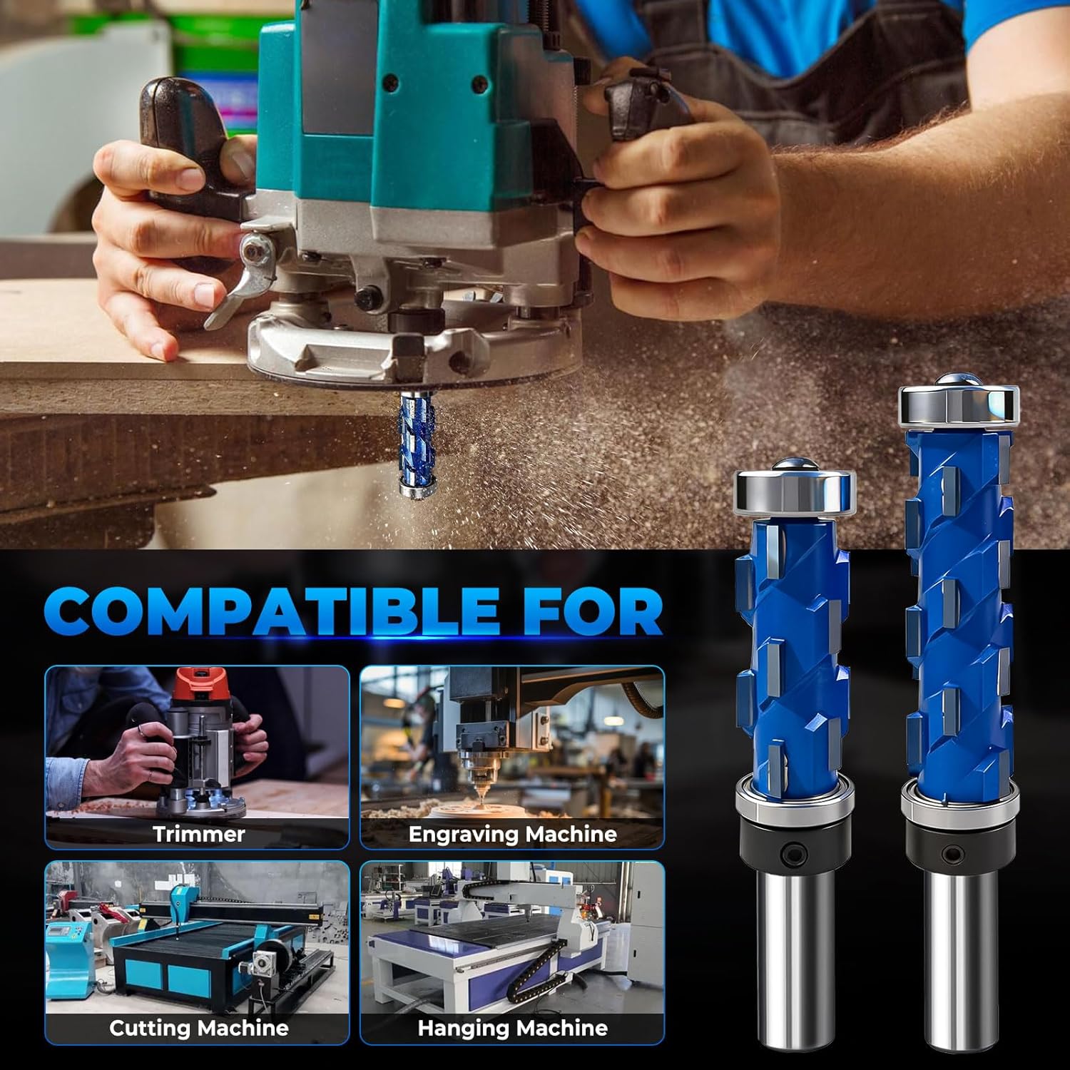 2PCS 1/2" Shank Flush Trim Router Bit Set Double Bearings Flush Trim Bit Trimming Tool Woodworking Milling Cutter Tool Router Template Bit for Wood MDF