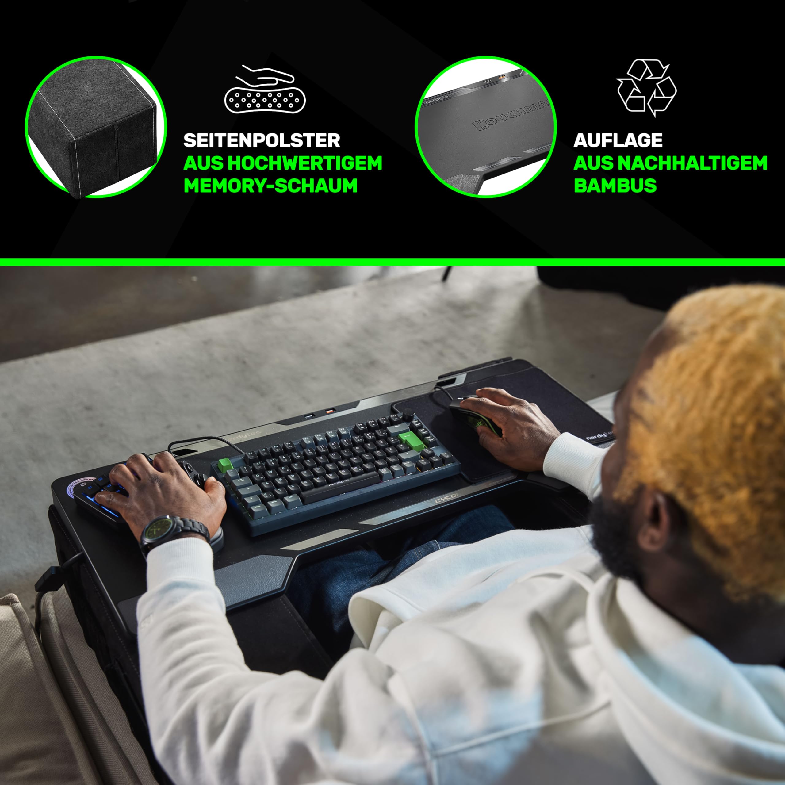 Couchmaster CYCON² Black Edition, ergonomischer Gaming Laptoptisch für Couch, Sofa und Bett, Laptop Tisch mit USB Hub für PC, PS4/5, Xbox One/Series X und Laptops