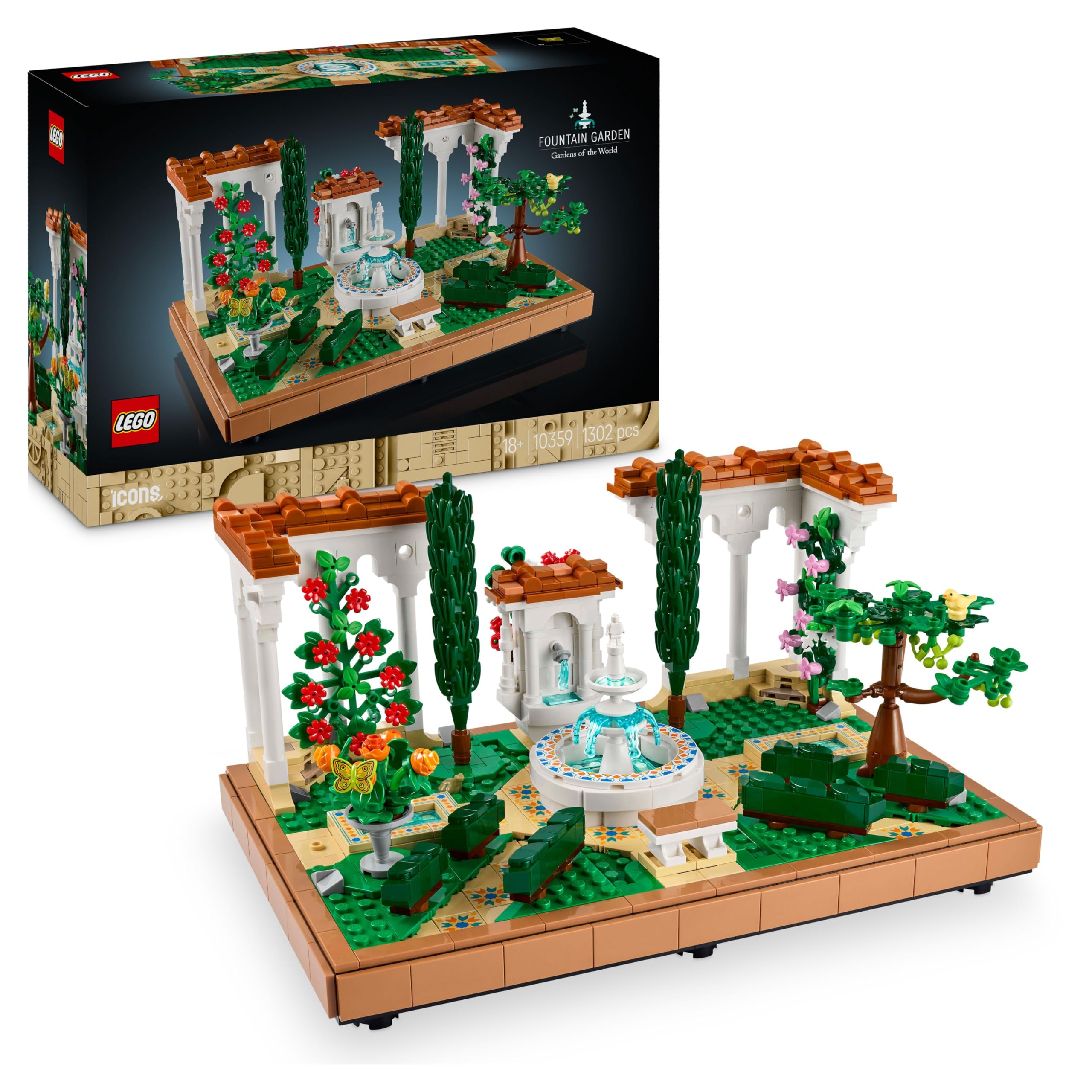 LEGO Icons Jardín con Fuente Maqueta para Adultos con Plantas y Flores Artificiales: Caléndula, Buganvilla, Geranio, Decoración para el Hogar, Figura de Pájaro, Regalo para Mujeres y Hombres 10359