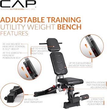 CAP Barbell Adjustable Training Utility Weight Bench | Multi-Position Incline Bench with 6 Backrest Adjustments, Leg Anchor, Wheels & 600 LB Capacity | Home Gym Strength Bench