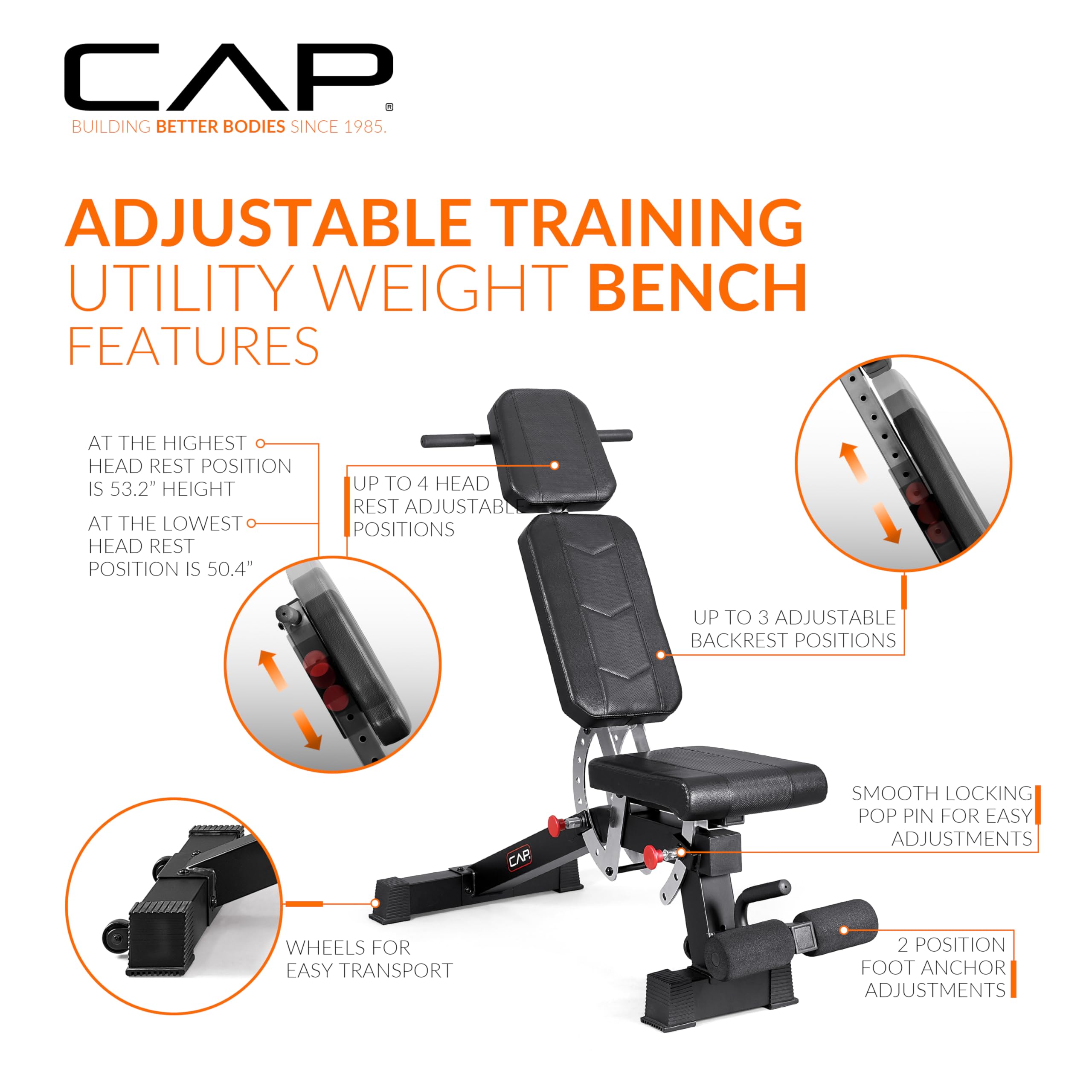 Adjustable Training Utility Weight Bench | Multi-Position Incline Bench with 6 Backrest Adjustments, Leg Anchor, Wheels & 600 LB Capacity | Home Gym Strength Bench