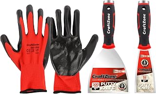 3 Piece Putty Knife & Gloves Set - 2" & 4" Stainless Steel Scraper Tool for Wall Repair Paint Scraper Art Auto & Kitchen Rustproof Durable with Non-Slip Grip DIY Contractors Renters (Gloves Included)