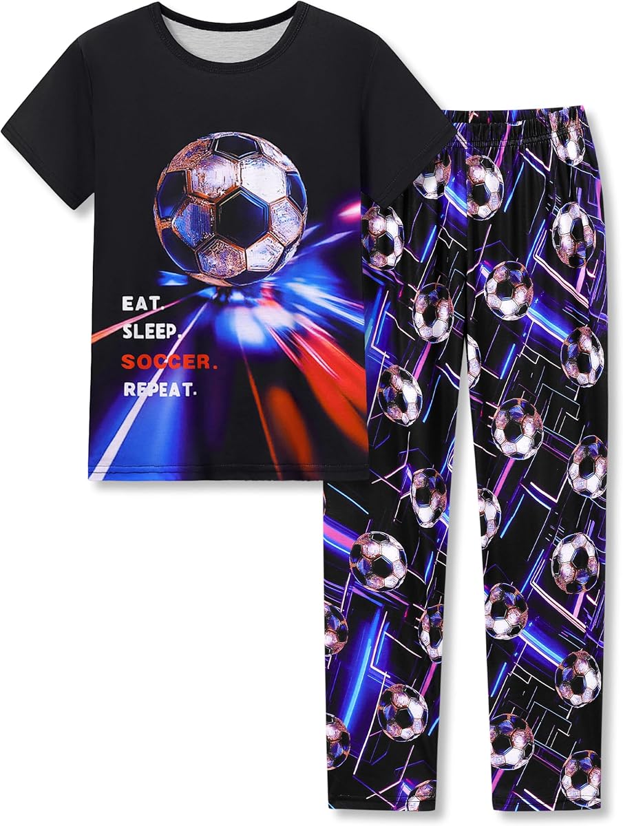 Tebbis Conjunto de pijama de manga corta y pantalones con estampado suave y moderno para niños, tallas 6-18 | Pijama de 2 piezas de tela ligera y transpirable, pijamas estampados de moda para niños pequeños y grandes, ideal para descansar y dormir