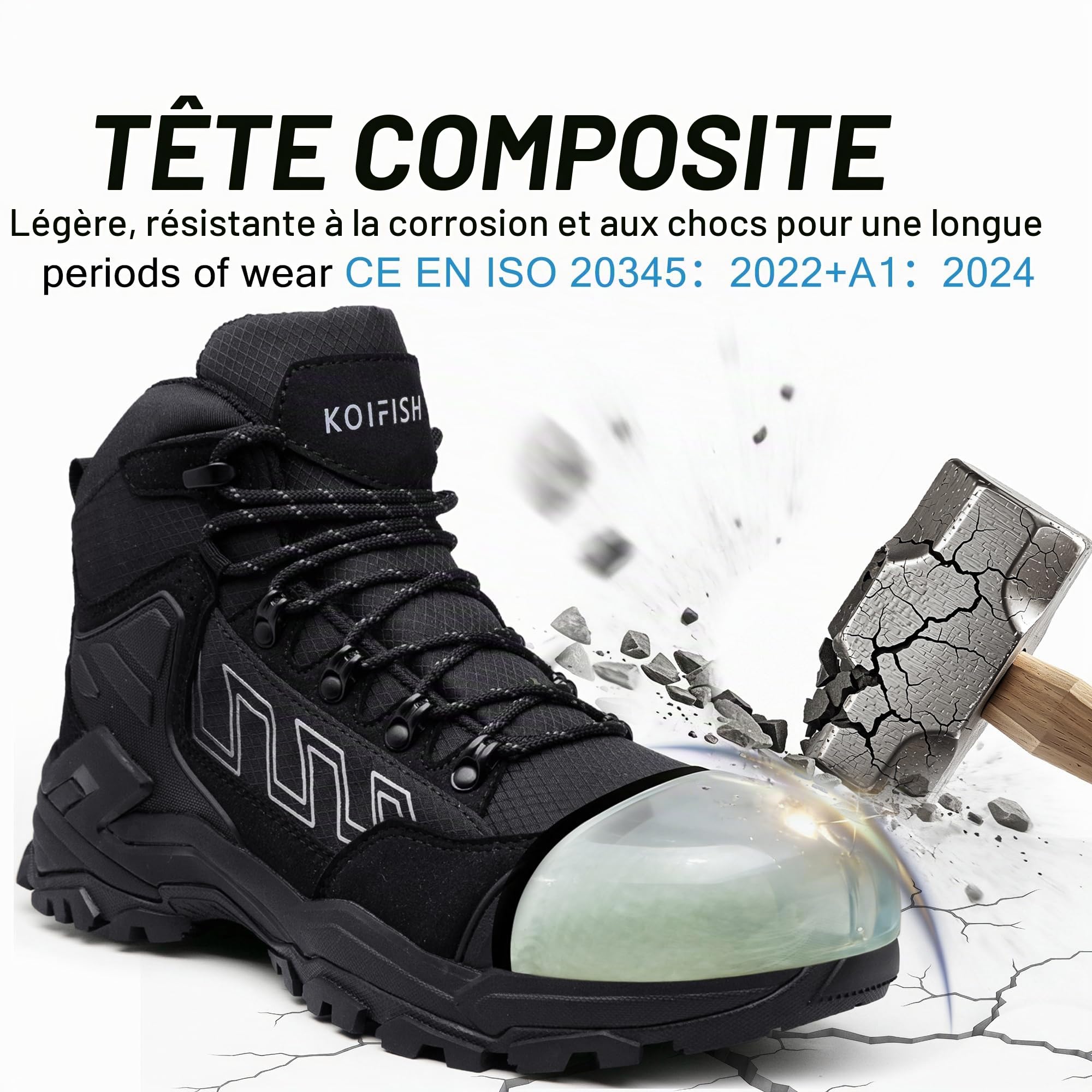 KOIFISH Chaussures de Sécurité Hommes Femme S3 ESD Basket de Securite Montante Imperméable Antidérapant Bottines de Travail Embout Composite