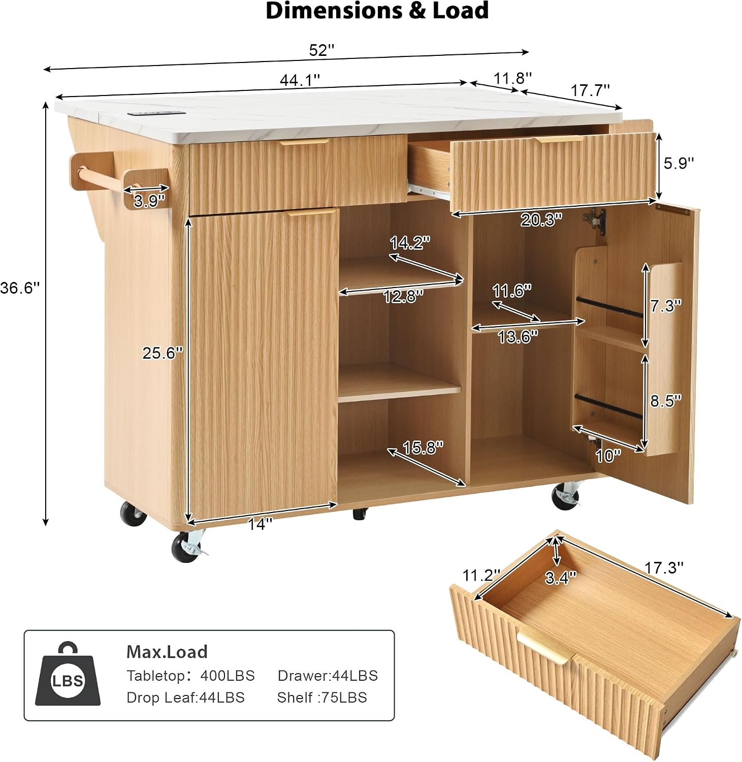 Merax Farmhouse 52 inch Rolling Kitchen Island on Wheels with Drop Leaf Table & Power Outlet, Wood Fluted Kitchen Cart on Wheels with Faux Marble Top, 2 Drawers & Cabinets, 52" Wide Natural