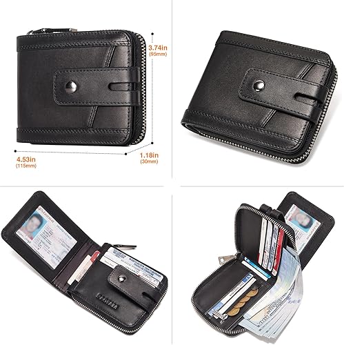 Miniatura 5 de Cartera con cremallera para hombre, de piel auténtica, cremallera alrededor del bolso, bloqueo RFID, ventana de identificación plegable, cartera con