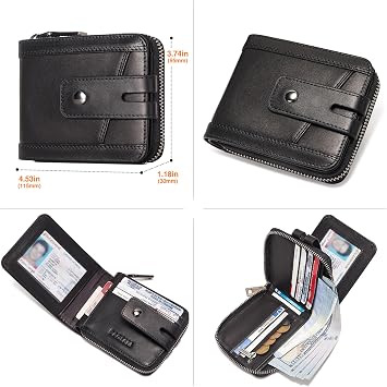 Zipper Wallet for Men, Genuine Leather Zipper Around Purse RFID Blocking Bifold ID Window,Zipper Wallet With Coin Pocket (Black)