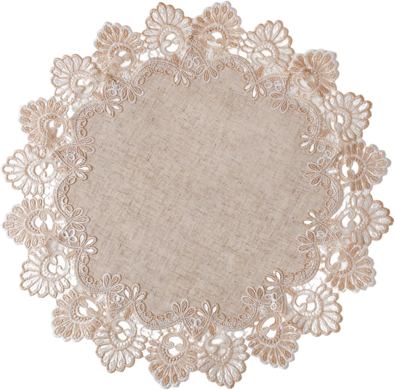 European Antique Jacquard Lace Table Doilies,Small Farmhouse Linen Embroidered Table Topper Scarf Place Mat RusticTable Cover (Flower Shape, Diameter 23.5Inch)