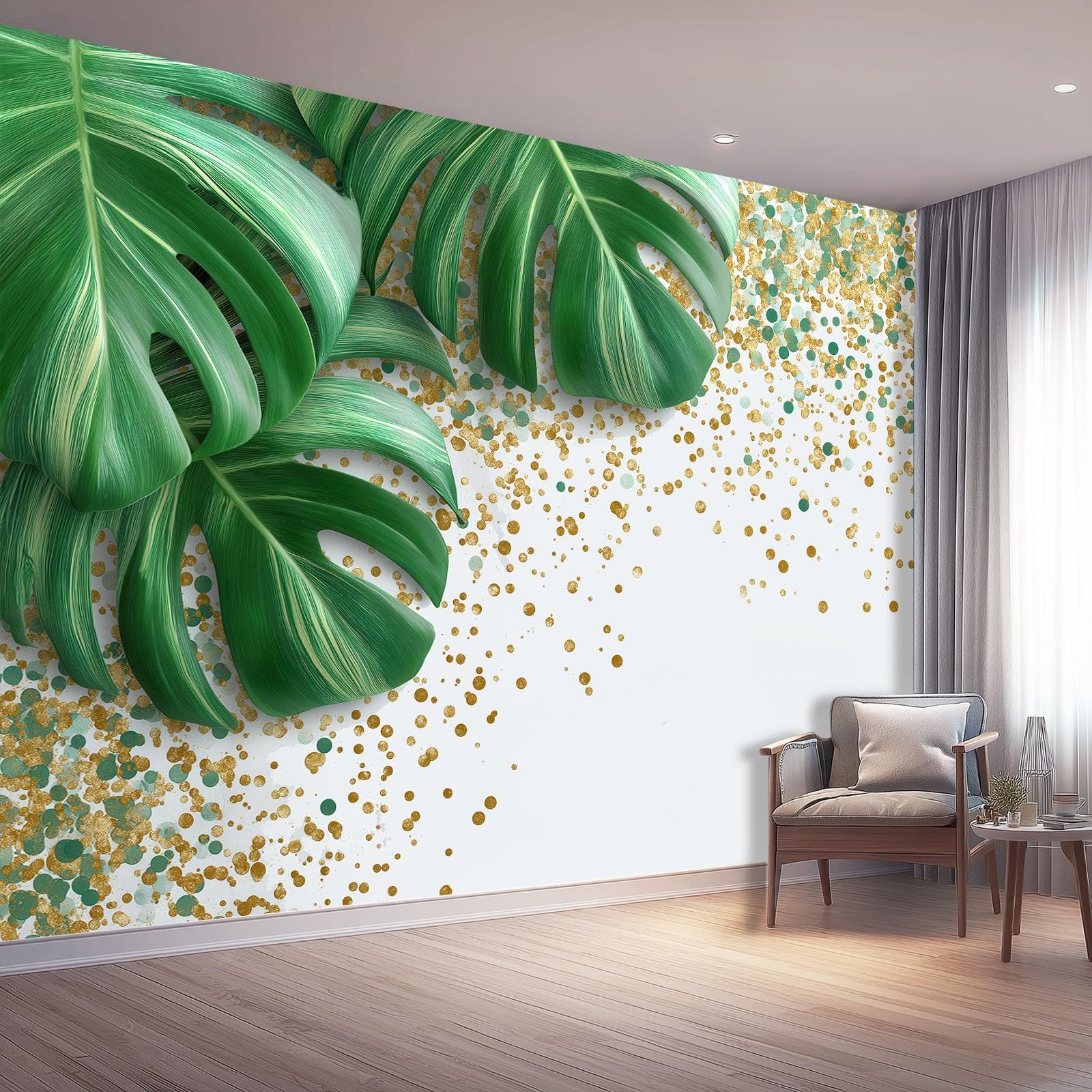Tapeta z włókniny 400 x 280 cm, Monstera Plakat na ścianę do kuchni, sypialni, salonu, pokoju dziecięcego, dekoracja ścienna złota zieleni