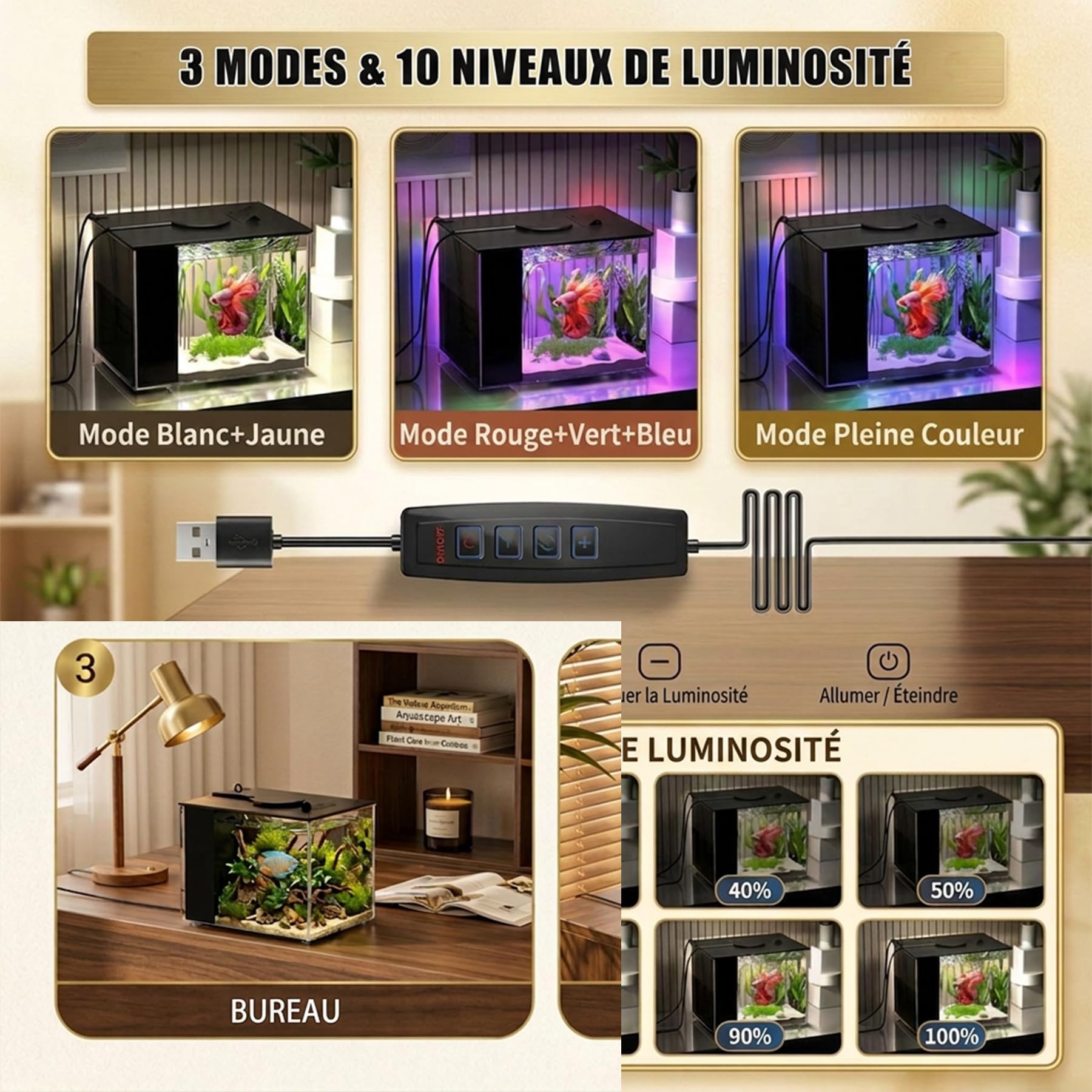 Petit Aquarium Complet 3,7L, Aquarium Betta en Acrylique avec Pompe de Filtration et éclairage LED, Idéal pour Les Petits Poissons, Les Crevettes et Les Plantes(Noir)