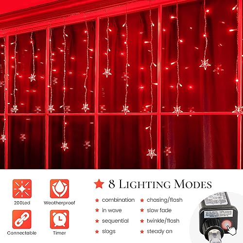Miniatura 2 de oopswow Luces de carámbano de Navidad, 16.5 pies, 200 luces LED de cortina de carámbanos, 40 luces de carámbano de estrella con 8 modos y