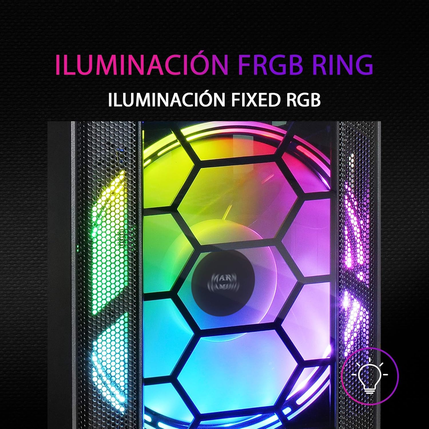 Close-up of an FRGB fan in the Mars Gaming MC500 PC Case, showing colorful illumination