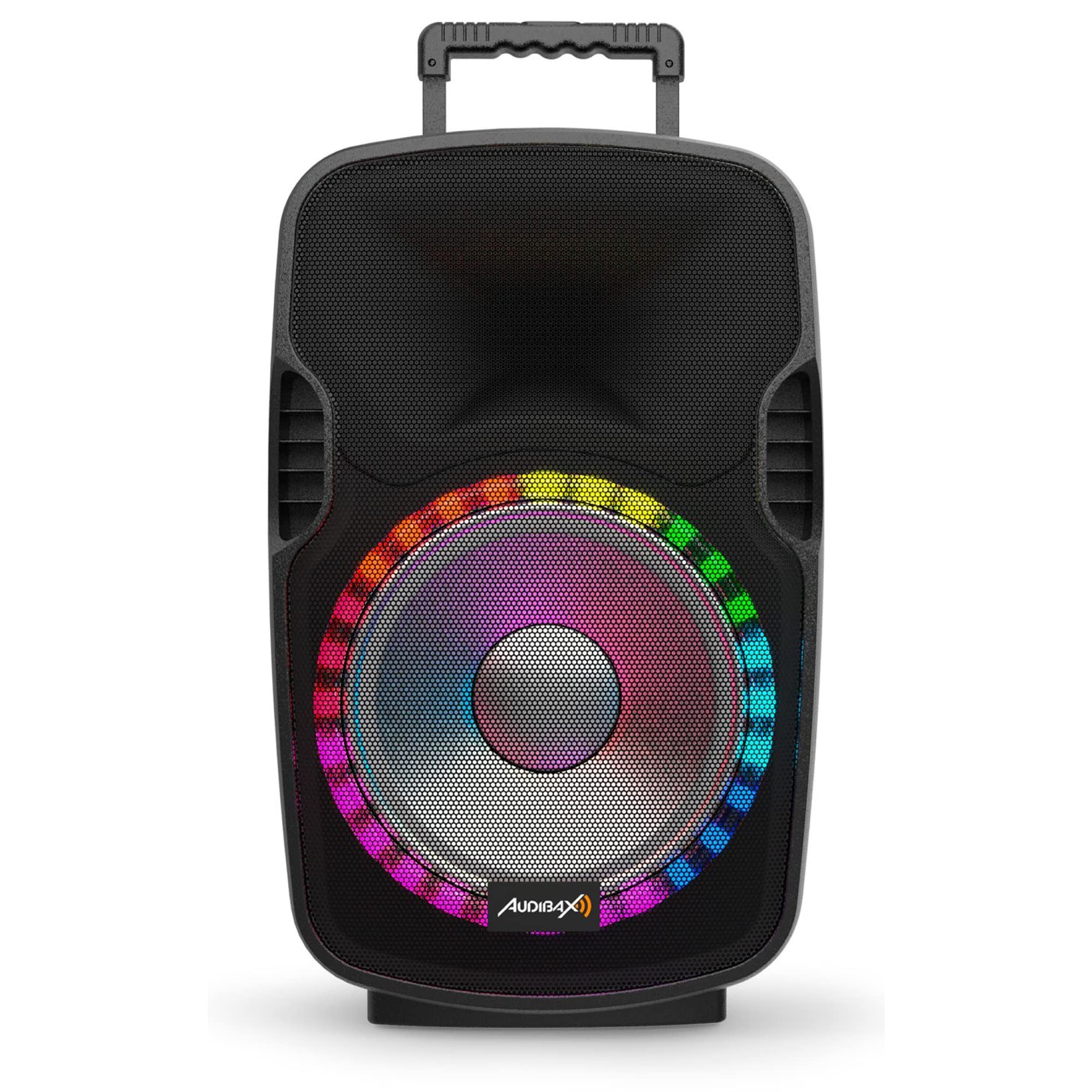 Audibax Denver 15 Malibu - Haut-Parleur Active 15" - Puissance 250W - Enceinte Amplifié - Connexion USB/SD - Haut-Parleur Bluetooth - Comprend 2 Microphones Filaires + Télécommande - Illumination LED