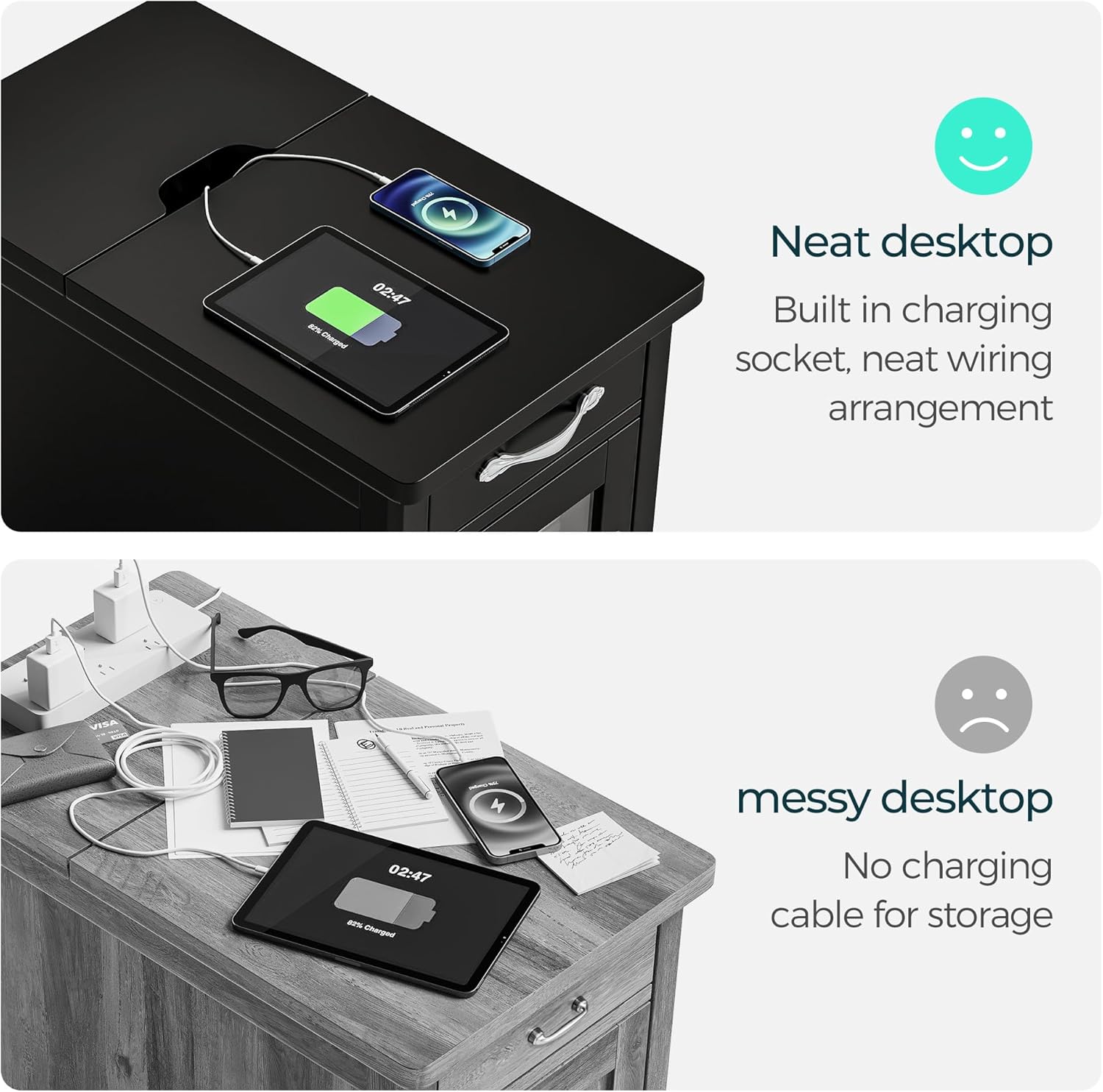 End table with charging station open