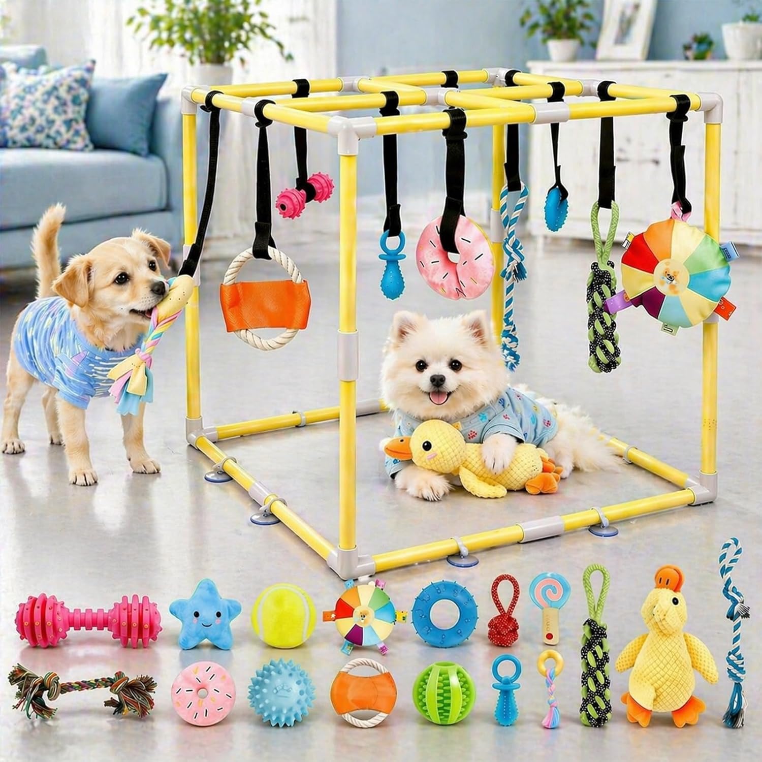 Puppy Play Gym with 17 Hanging Toys - Indoor Jungle Gym for Active Small Dogs & Puppies, Interactive Enrichment PVC Frame Activity Center with Teething and Squeaky Toys to Keep Them Busy
