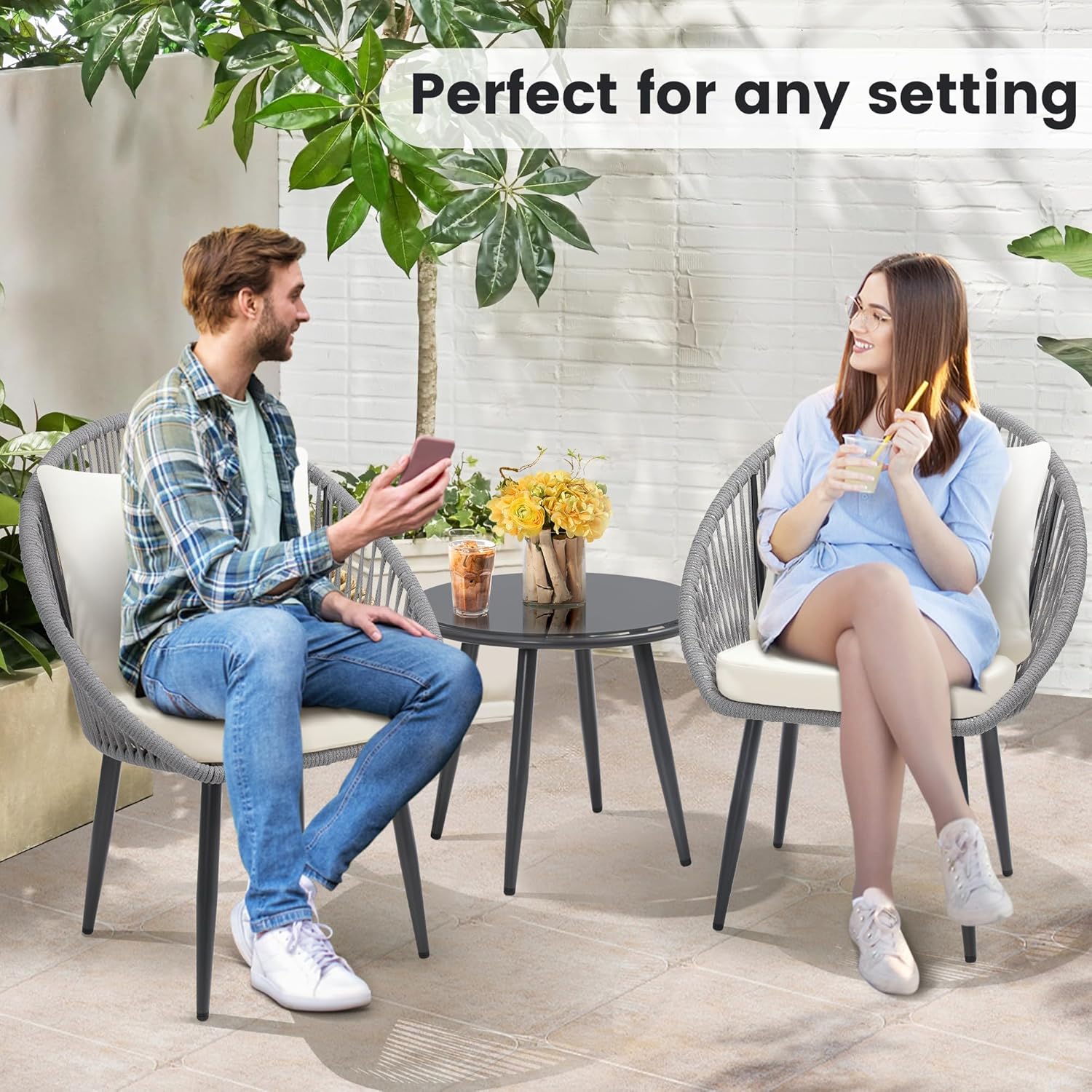 wildformers 3 Pieces Bistro Set, Woven Rope Chair with Cushions, All Weather Patio Conversation Set and Side Table, Ideal for Deck, Balcony, Poolside, Grey