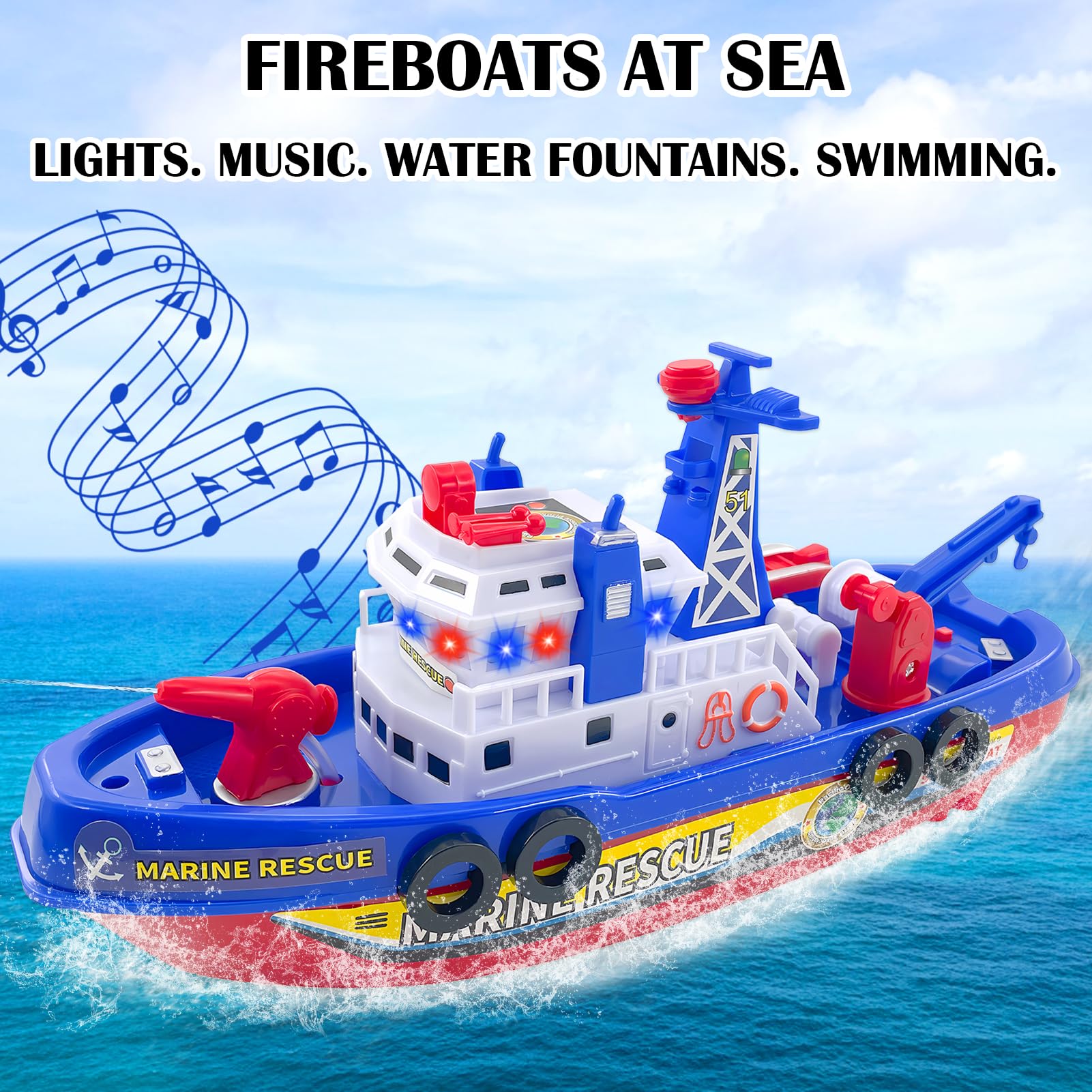 Barco de Juguete para Niños, Barco de Bomberos, Juguetes Acuáticos para Niños, Eléctrico Barco de Bomberos de Juguete con Pulverización LED Musical, Regalos Niños