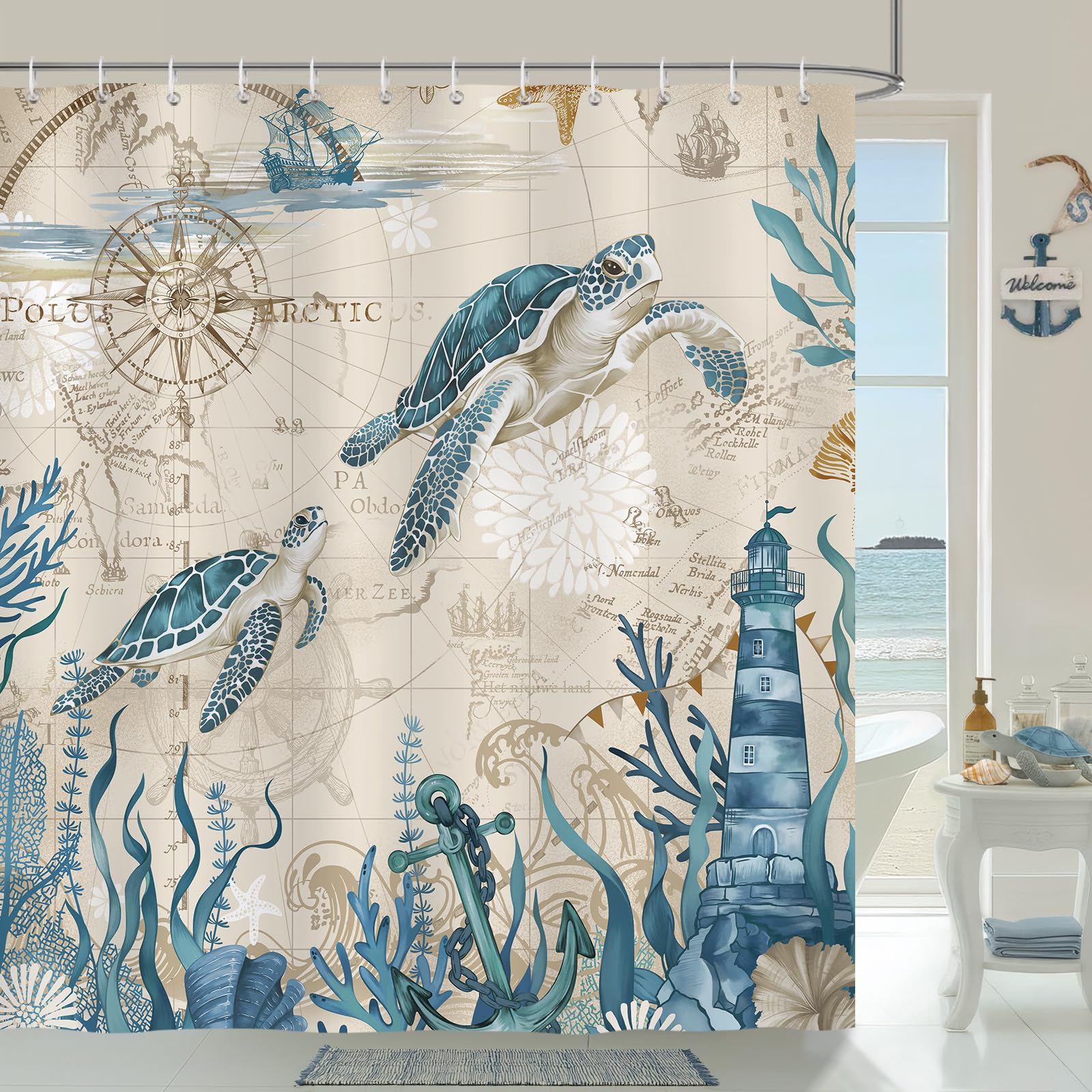 Bonhause Cortina de Ducha Tortuga Marina Náutico Costera Océano Cortina de Baño de Poliéster Impermeable Antimoho Lavable Cortina Ducha 180 x 180 cm con 12 Ganchos
