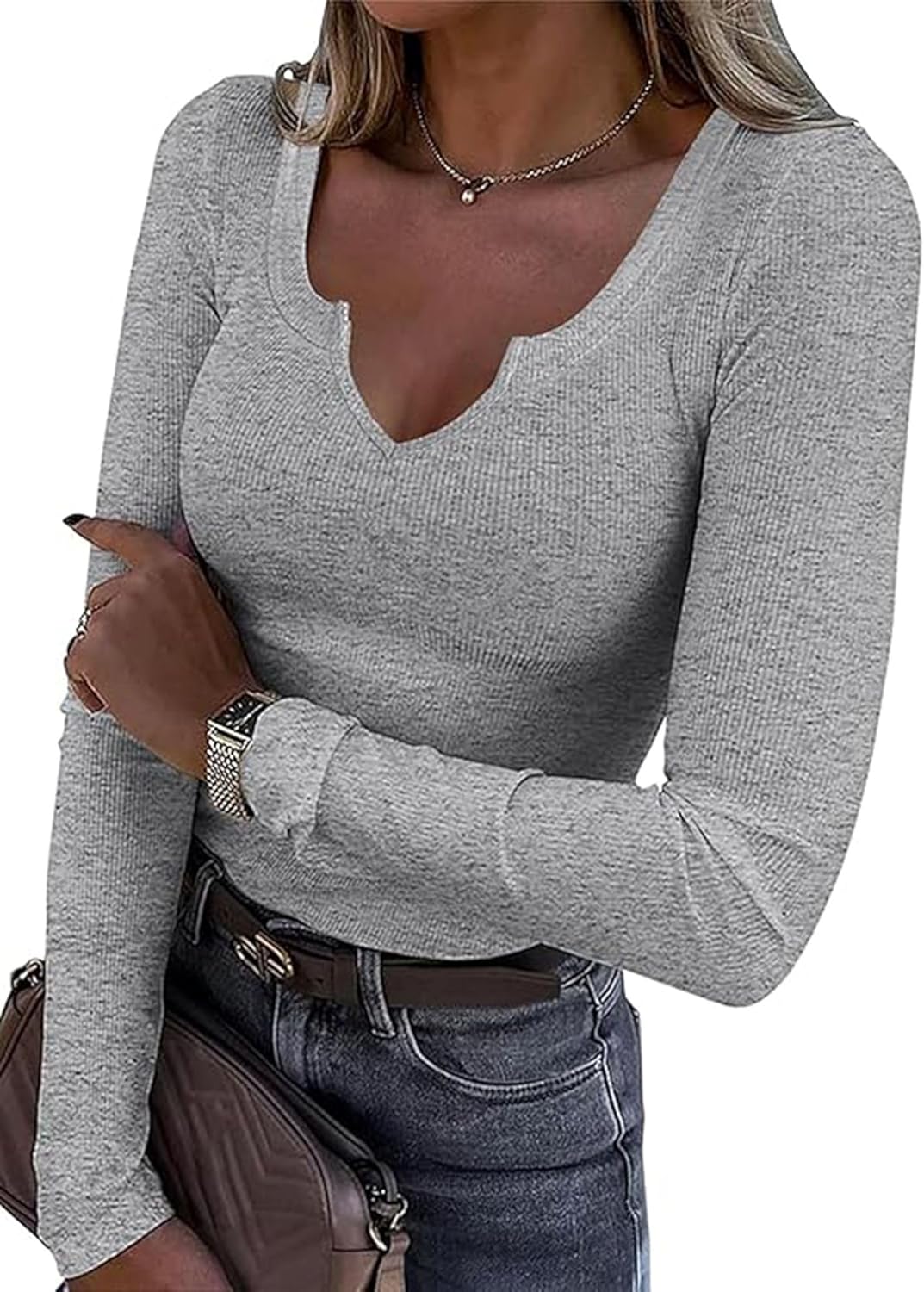 Roselux Women V Neck Ribbed Long Sleeve Shirt Fitted Basic Slim Knit Top